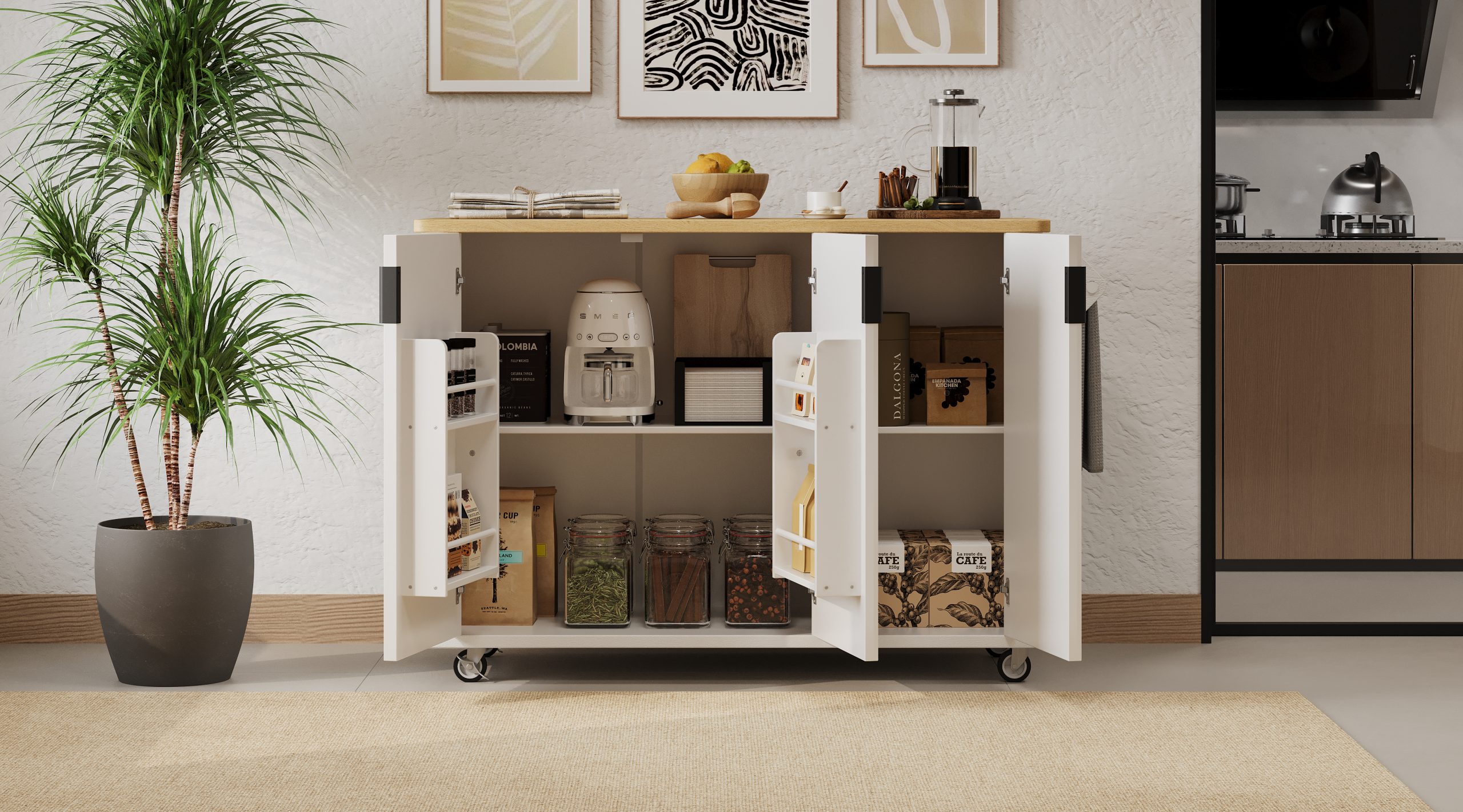 K&K 51" Fluted Kitchen Island with Drop Leaf, Farmhouse Accent Kitchen Island on Wheels with Internal Storage Rack, Rolling Kitchen Cart with Towel Rack for Kitchen, Dining Room, White Ash - Image 4