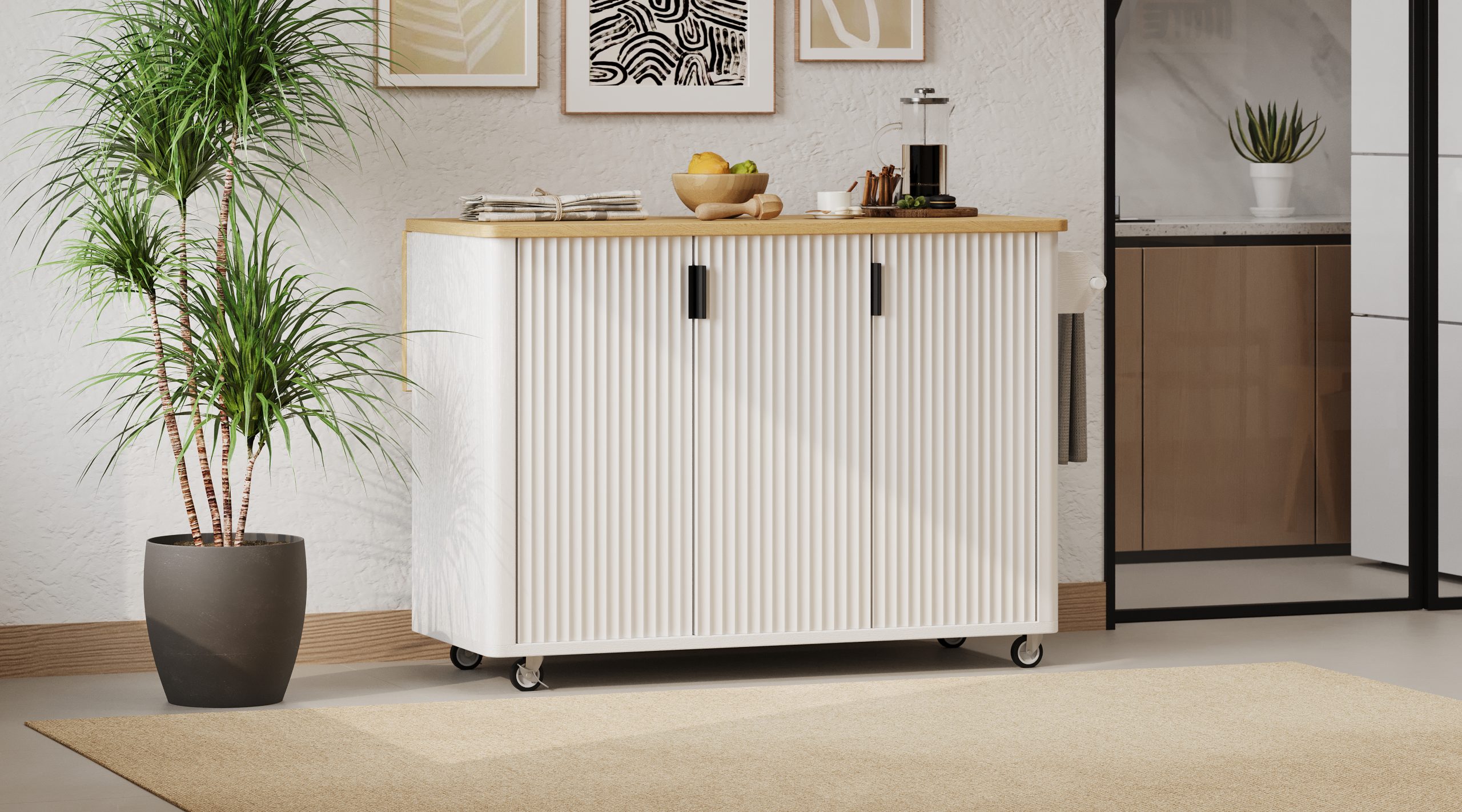 K&K 51" Fluted Kitchen Island with Drop Leaf, Farmhouse Accent Kitchen Island on Wheels with Internal Storage Rack, Rolling Kitchen Cart with Towel Rack for Kitchen, Dining Room, White Ash - Image 5