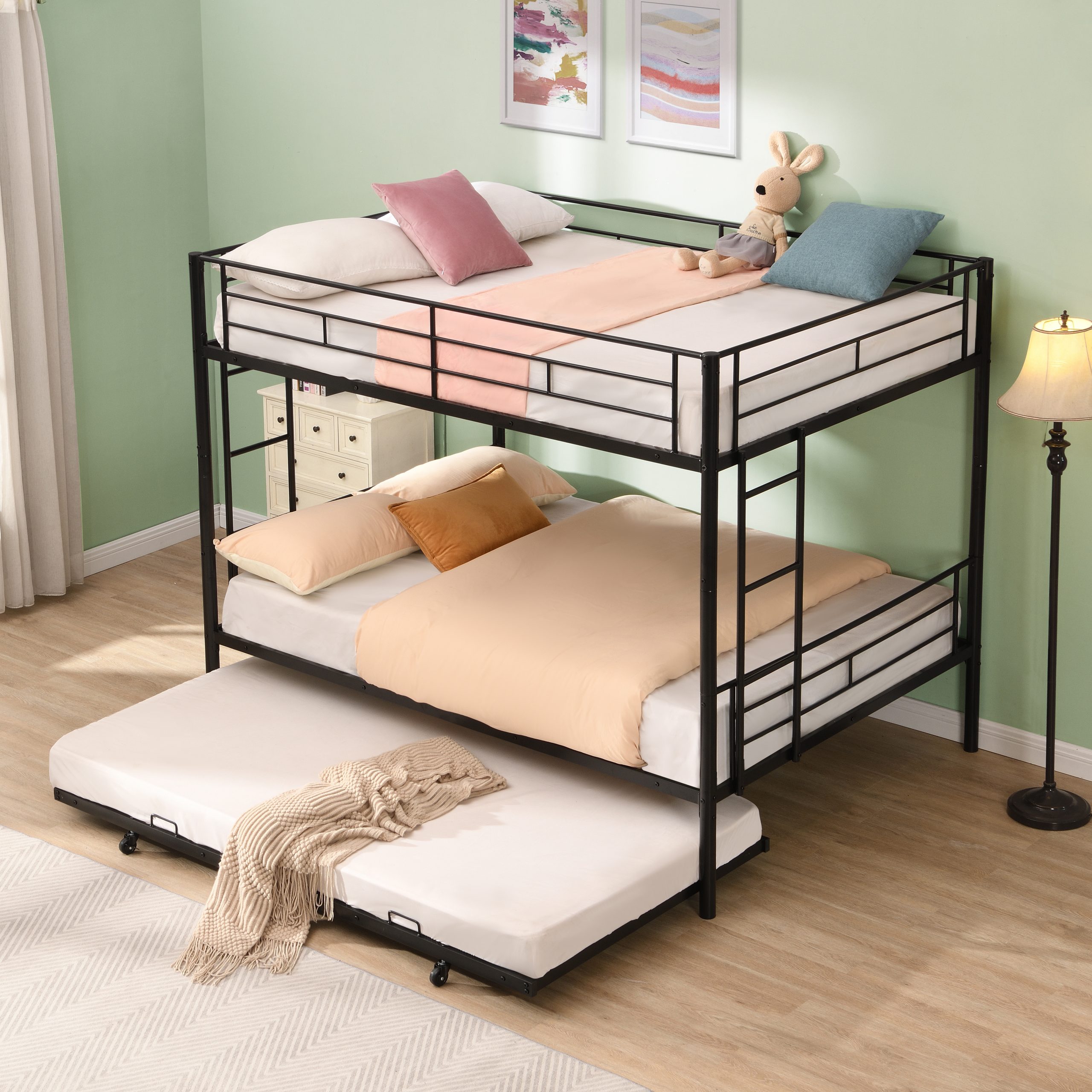 Full Over Full with trundle Metal Bunk Bed , No Box Spring Needed, Easy Assemble - Image 2