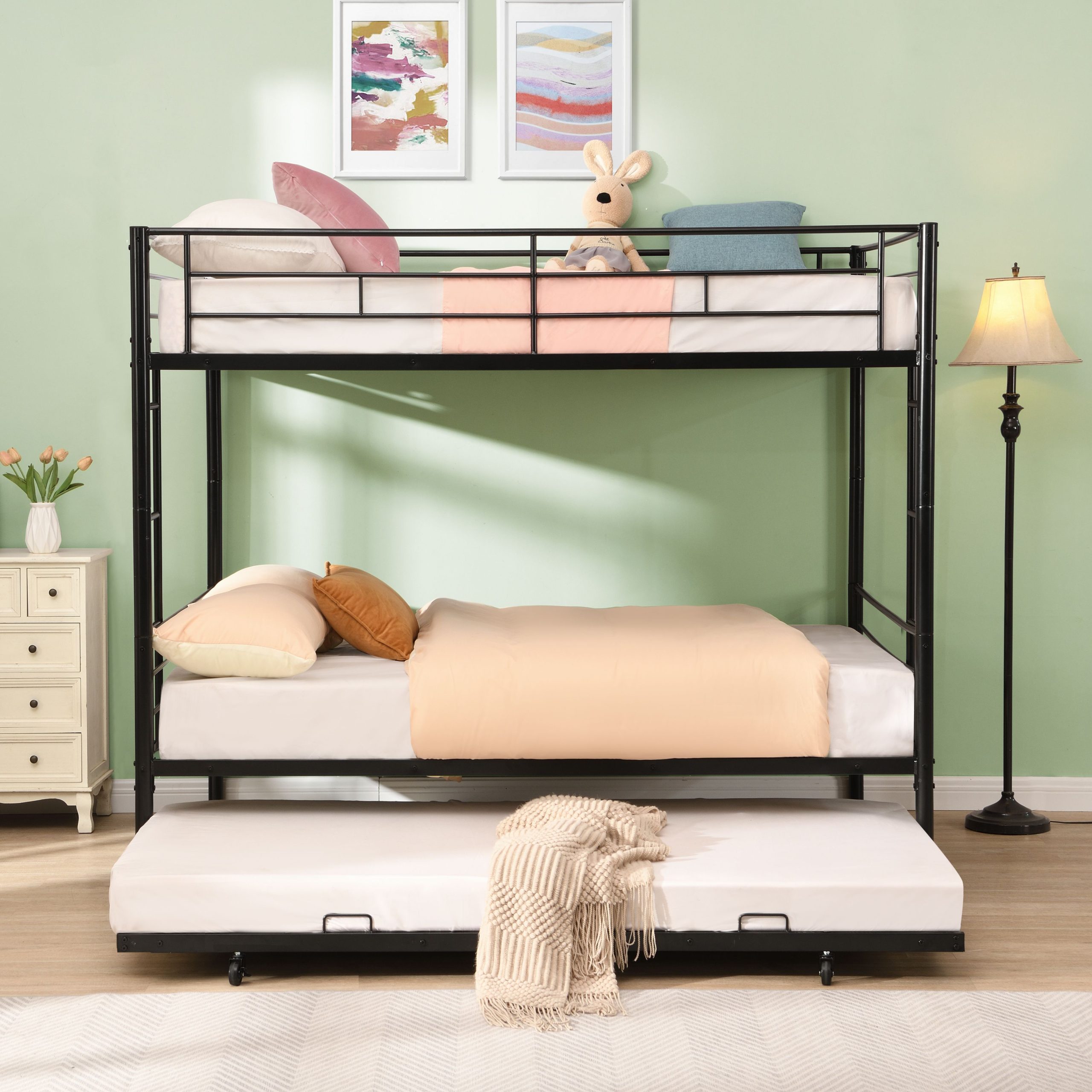Full Over Full with trundle Metal Bunk Bed , No Box Spring Needed, Easy Assemble - Image 3