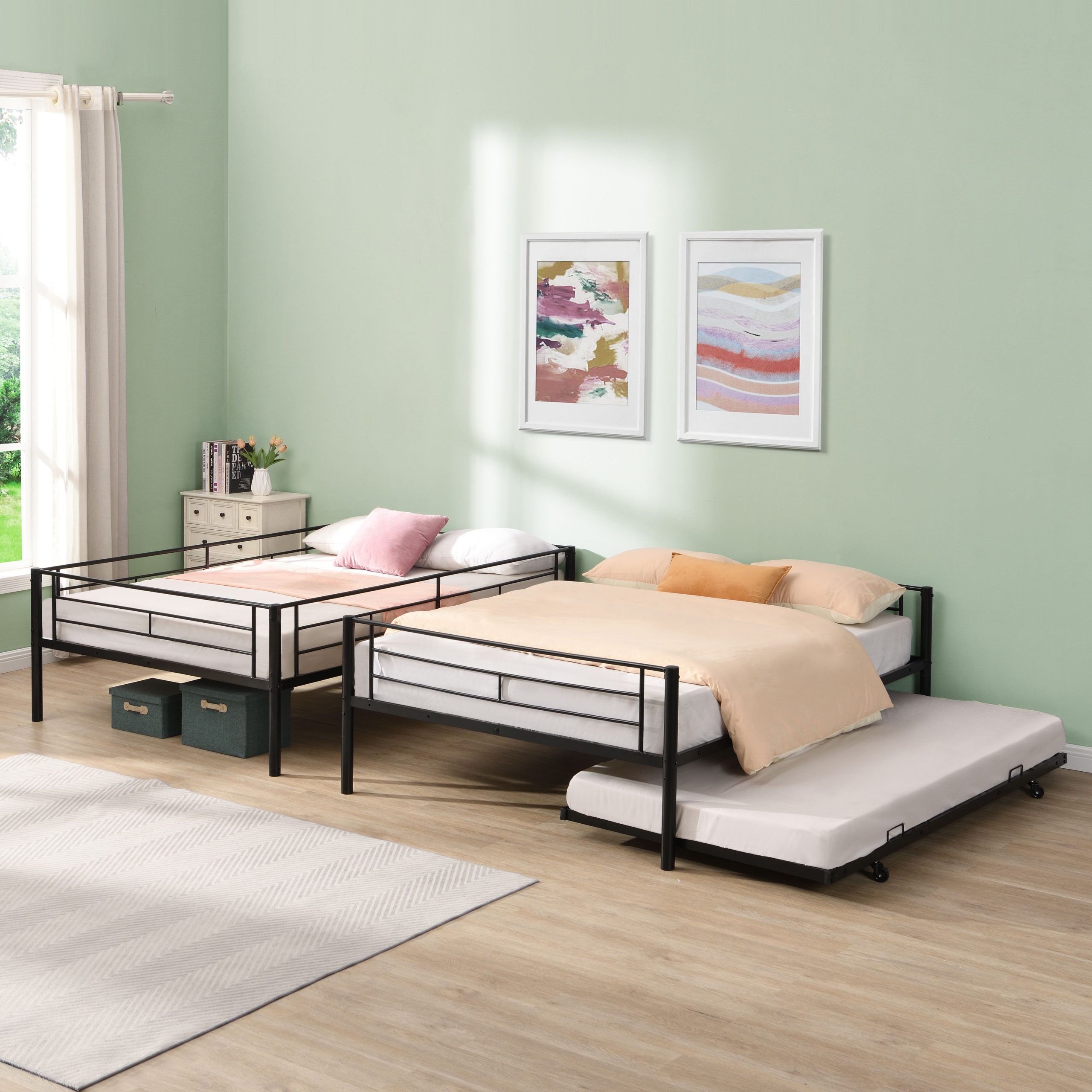 Full Over Full with trundle Metal Bunk Bed , No Box Spring Needed, Easy Assemble - Image 4