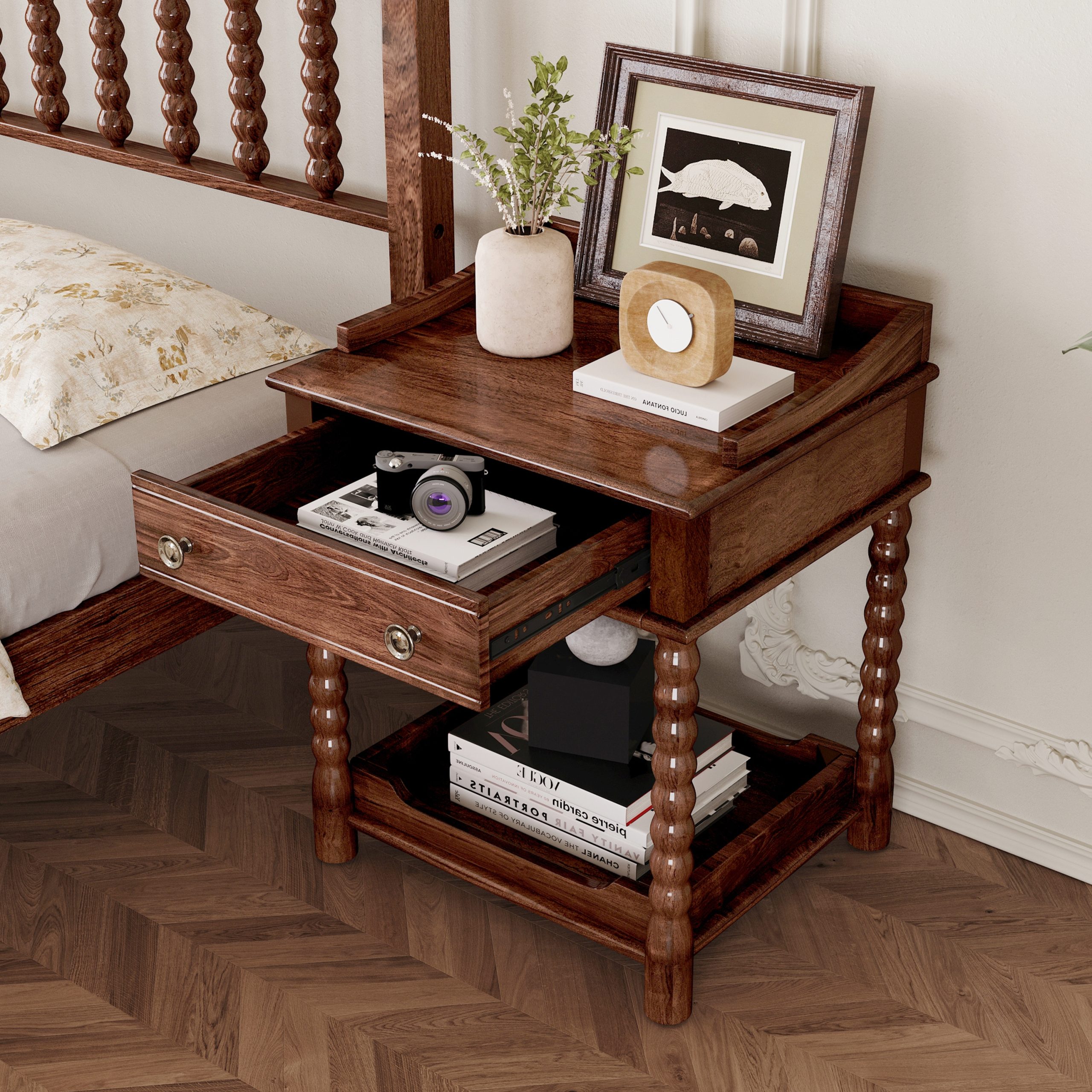 Retro Style Nightstand with Drawer and Open Shelf for Bedroom, Bedside Table with Turned Legs and Metal Handle,Walnut - Image 2