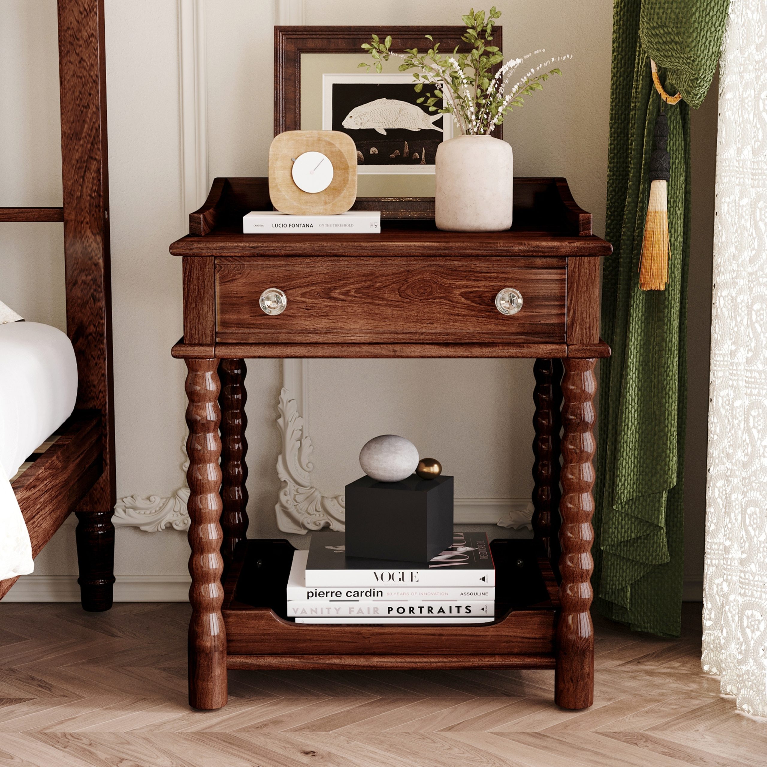 Retro Style Nightstand with Drawer and Open Shelf for Bedroom, Bedside Table with Turned Legs and Metal Handle,Walnut - Image 3