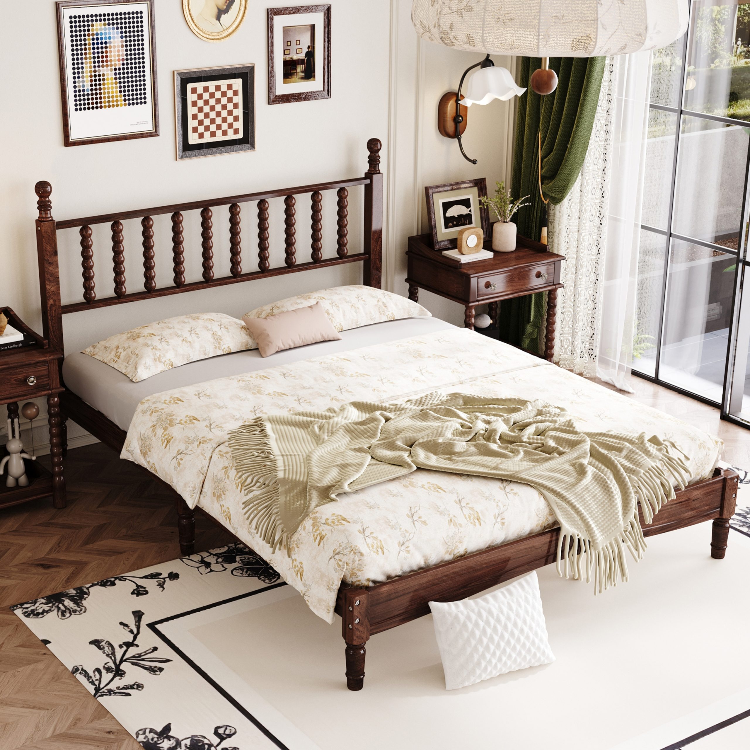 Queen Size Wood Platform Bed with Gourd Shaped Headboard,Retro Style Platform Bed with Wooden Slat Support,Walnut - Image 2