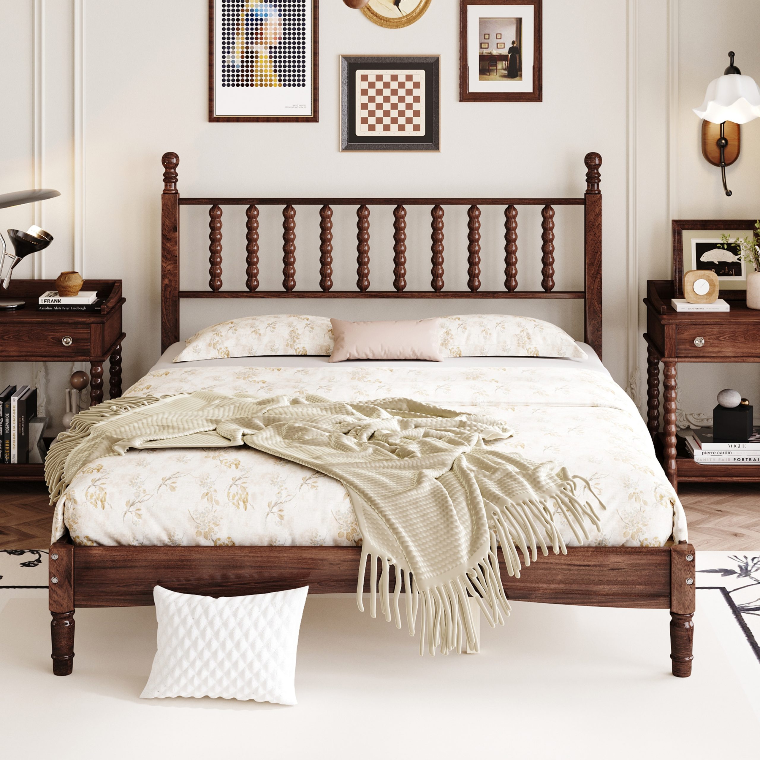 Queen Size Wood Platform Bed with Gourd Shaped Headboard,Retro Style Platform Bed with Wooden Slat Support,Walnut - Image 3