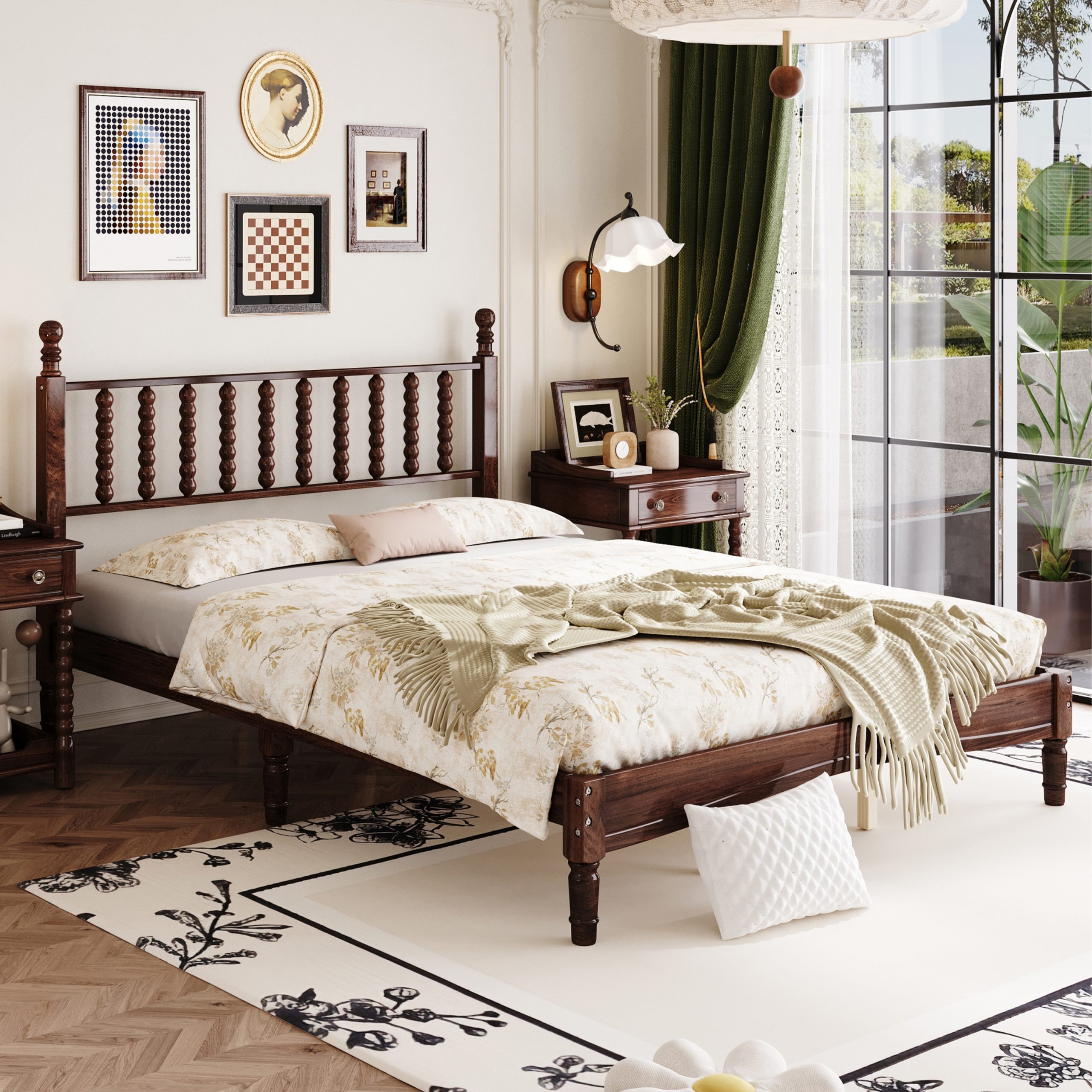 Queen Size Wood Platform Bed with Gourd Shaped Headboard,Retro Style Platform Bed with Wooden Slat Support,Walnut - Image 4