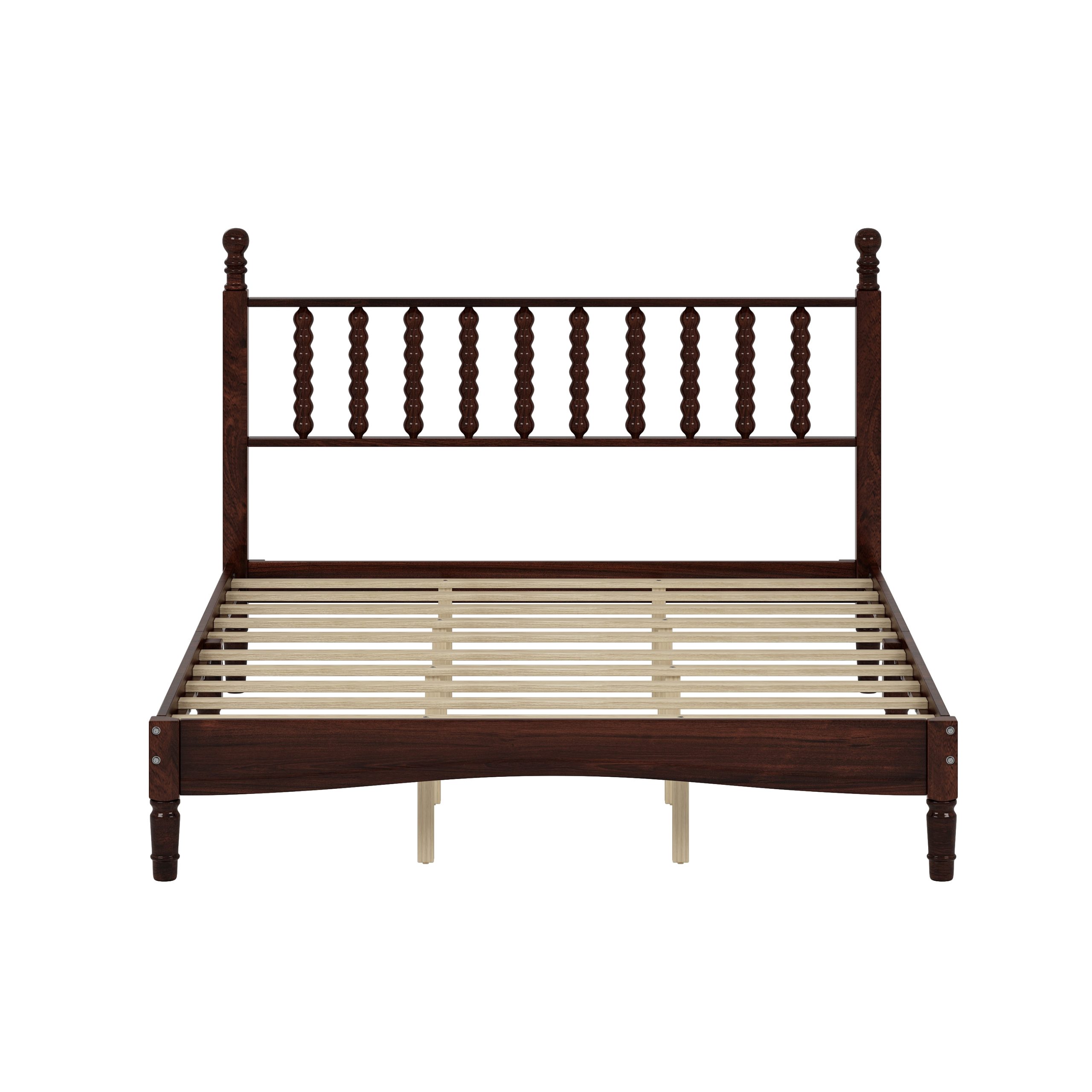 Queen Size Wood Platform Bed with Gourd Shaped Headboard,Retro Style Platform Bed with Wooden Slat Support,Walnut - Image 5