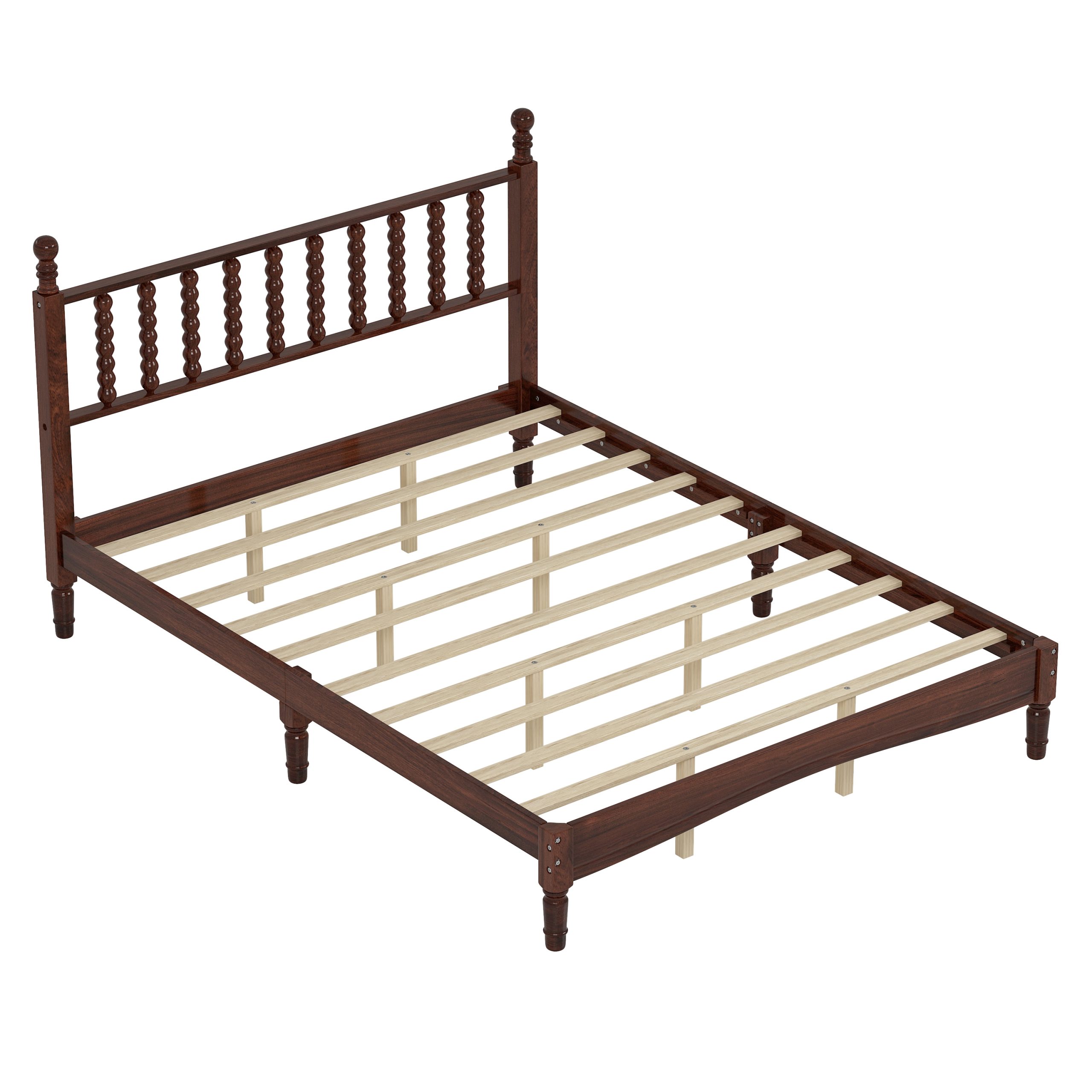 Queen Size Wood Platform Bed with Gourd Shaped Headboard,Retro Style Platform Bed with Wooden Slat Support,Walnut - Image 6
