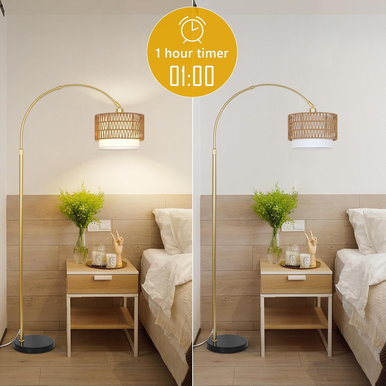 Arc Floor Lamp for bedroom with Rattan & Linen Shades, Gold Floor Lamp with Remote & Dimming Bulb, Rustic Standing Lamp with 3 Color Temperatures, Adjustable Height Farmhouse Tall Lamp for Living Room - Image 2