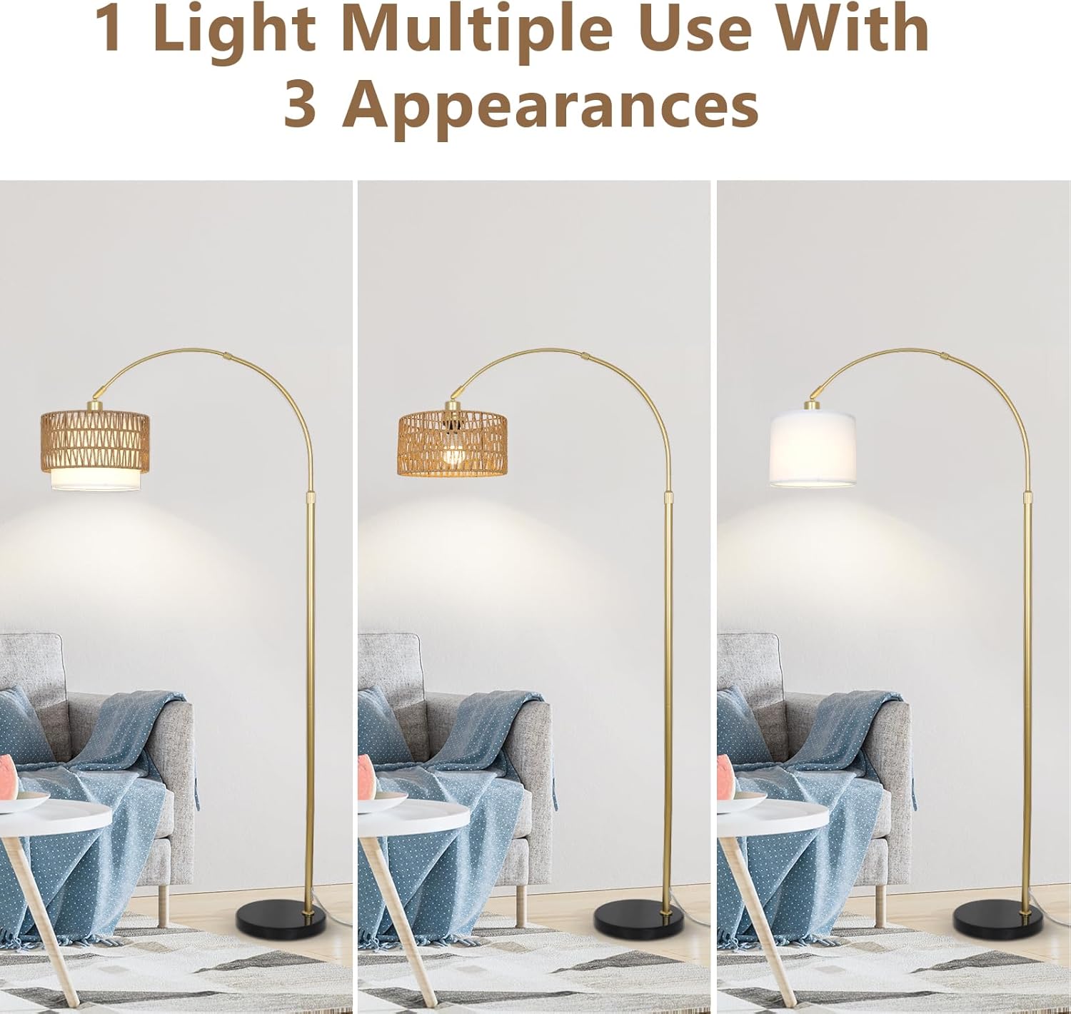Arc Floor Lamp for bedroom with Rattan & Linen Shades, Gold Floor Lamp with Remote & Dimming Bulb, Rustic Standing Lamp with 3 Color Temperatures, Adjustable Height Farmhouse Tall Lamp for Living Room - Image 5