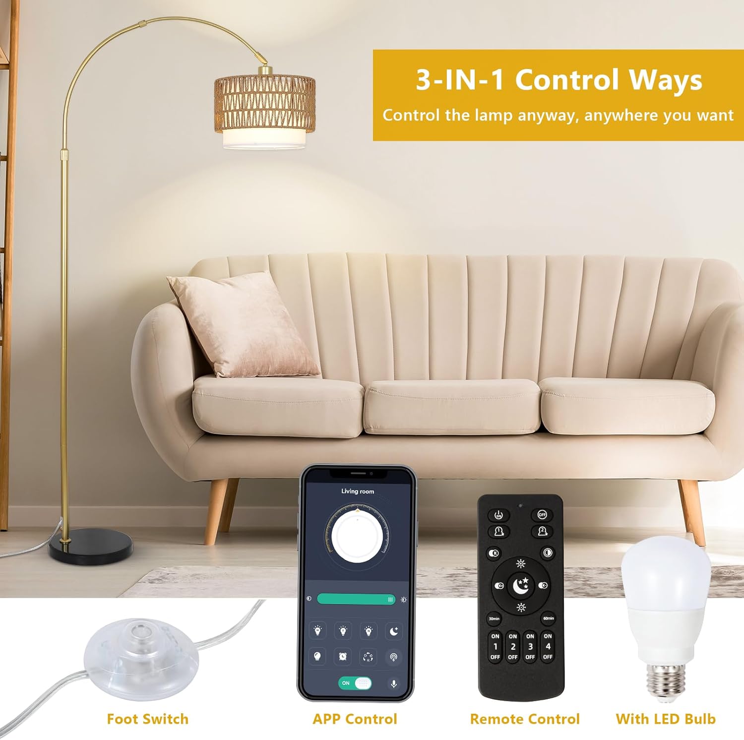 Arc Floor Lamp for bedroom with Rattan & Linen Shades, Gold Floor Lamp with Remote & Dimming Bulb, Rustic Standing Lamp with 3 Color Temperatures, Adjustable Height Farmhouse Tall Lamp for Living Room - Image 6