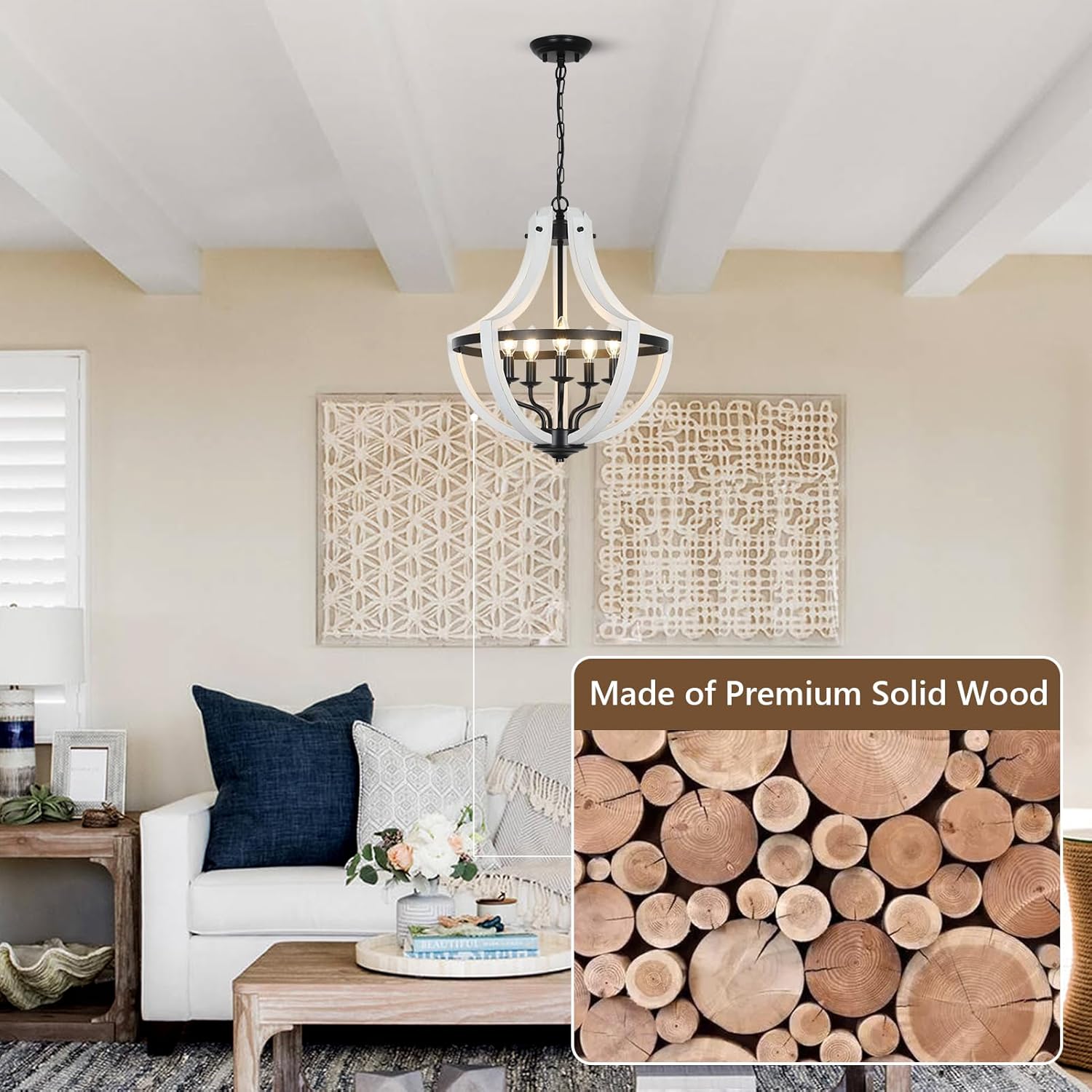 5-Light White Wood Chandeliers - Image 2