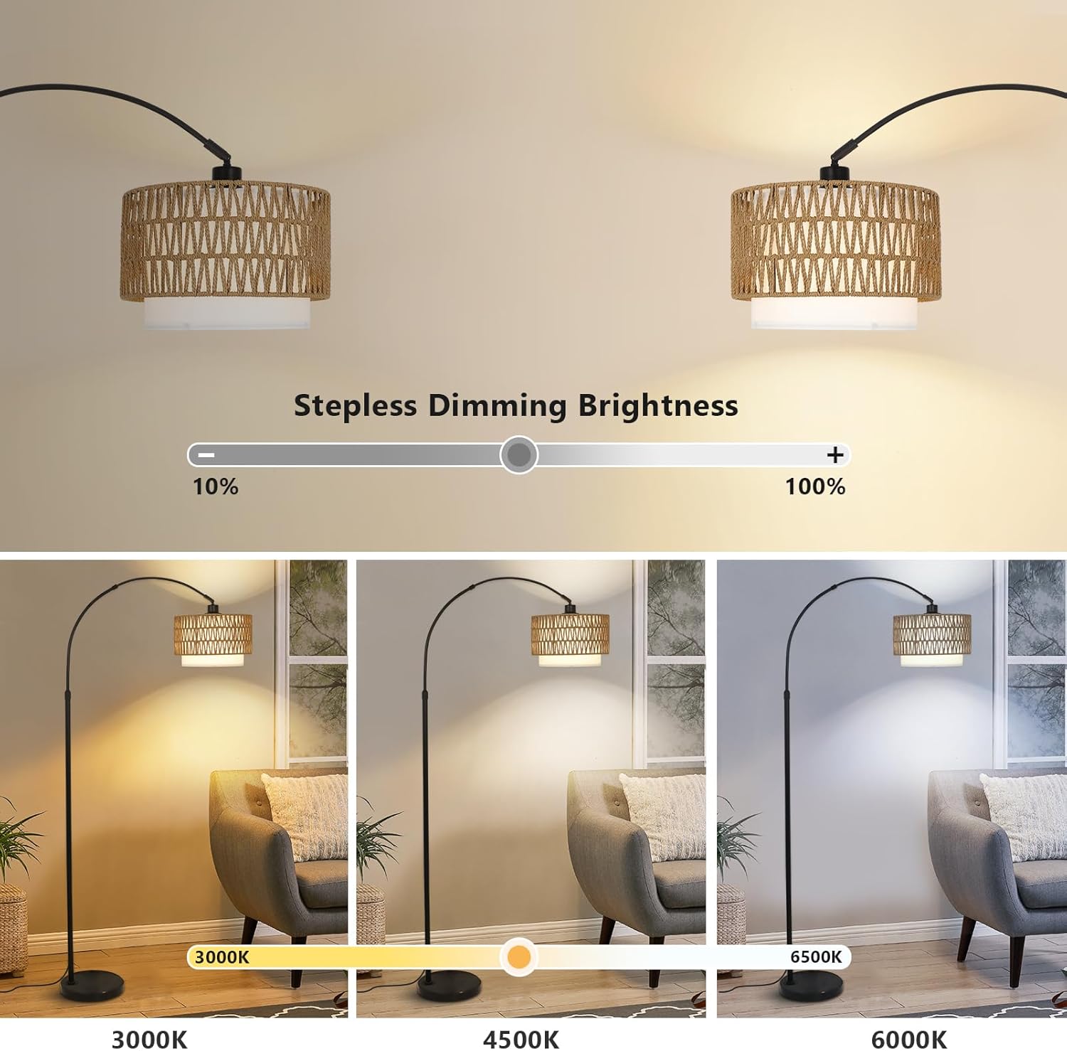 Arc Floor Lamp with Remote, Modern LED Floor Lamp with Dimmable Bulb, Boho Farmhouse Standing lamp with Fabric & Rattan Lampshades, Height Adjustable Black Tall Lamp for Living Room Bedroom - Image 2