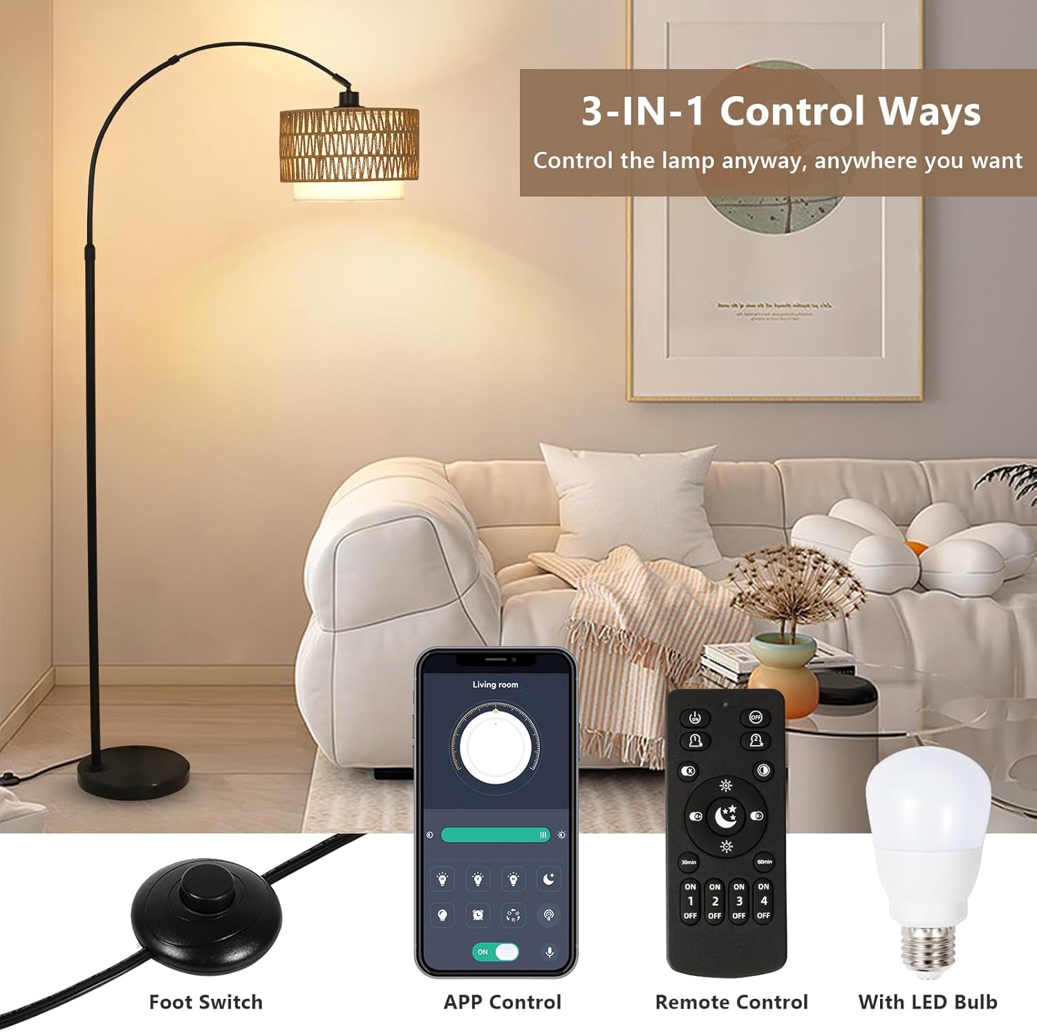 Arc Floor Lamp with Remote, Modern LED Floor Lamp with Dimmable Bulb, Boho Farmhouse Standing lamp with Fabric & Rattan Lampshades, Height Adjustable Black Tall Lamp for Living Room Bedroom - Image 4