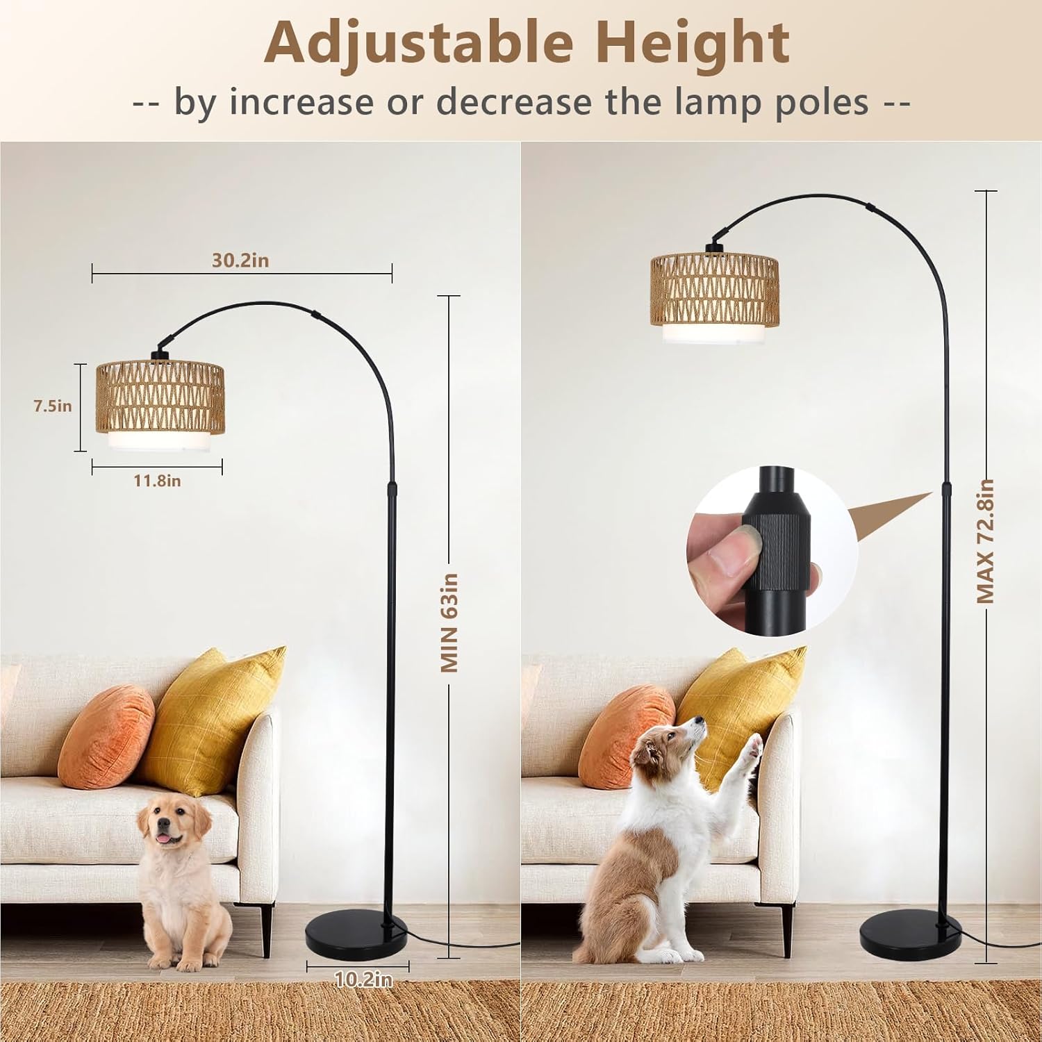 Arc Floor Lamp with Remote, Modern LED Floor Lamp with Dimmable Bulb, Boho Farmhouse Standing lamp with Fabric & Rattan Lampshades, Height Adjustable Black Tall Lamp for Living Room Bedroom - Image 5