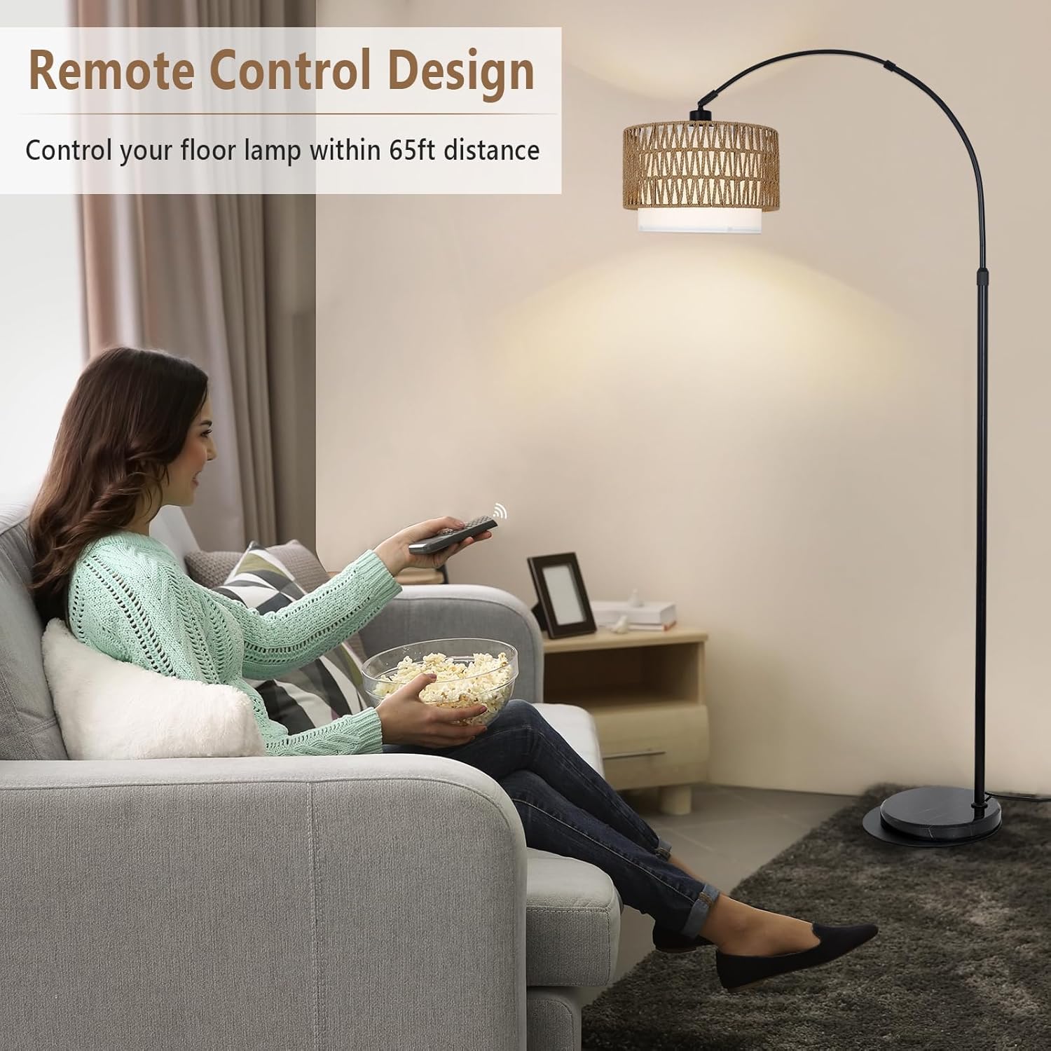 Arc Floor Lamp with Remote, Modern LED Floor Lamp with Dimmable Bulb, Boho Farmhouse Standing lamp with Fabric & Rattan Lampshades, Height Adjustable Black Tall Lamp for Living Room Bedroom - Image 6