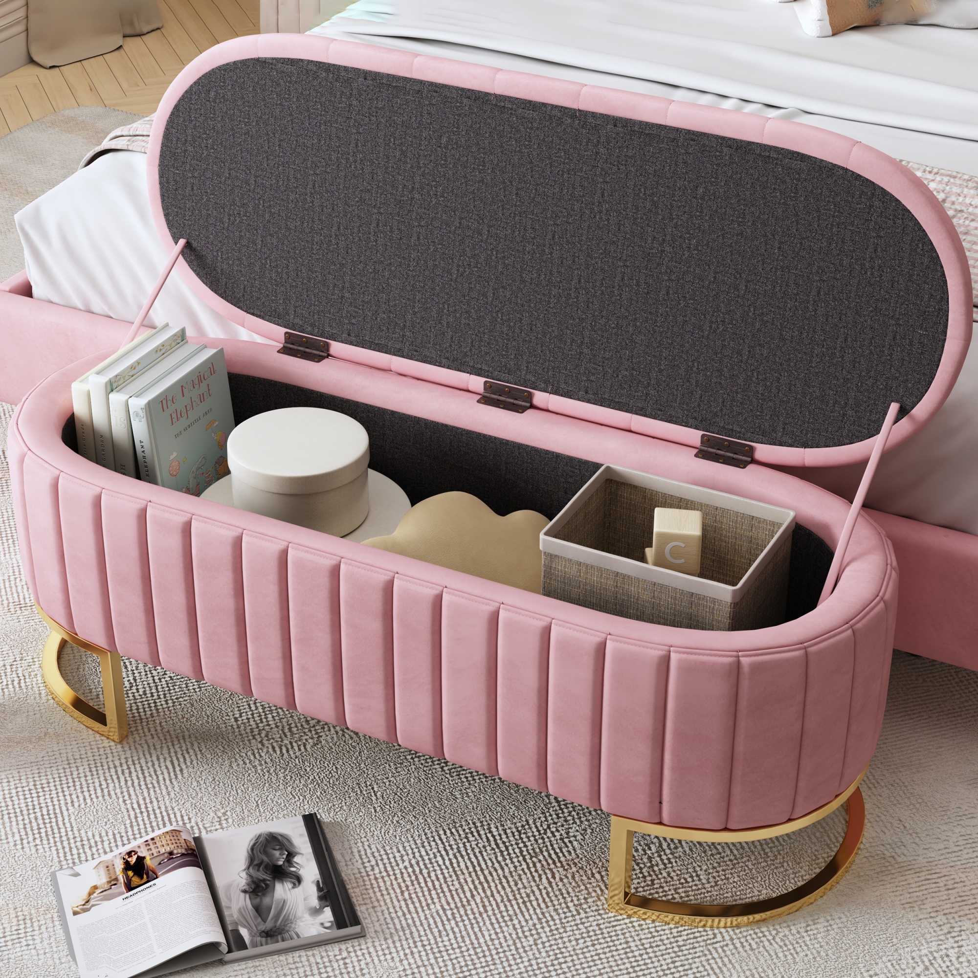 Elegant Upholstered Velvet Storage Ottoman with Button-Tufted,Storage Bench with Metal Legs for Bedroom,Living Room,Fully Assembled Except Legs,Pink - Image 3