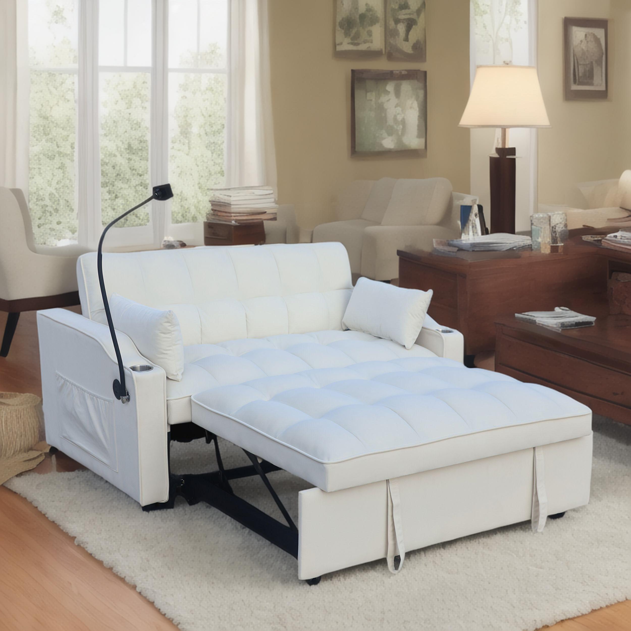 Modern Velvet Loveseat Futon Sofa Couch w/Pullout Bed,Small Love Seat Lounge Sofa with adjustable Reclining Backrest,Toss Pillows, Pockets,Furniture for Living Room,3 in 1 Convertible Sleeper Sofa Bed - Image 2