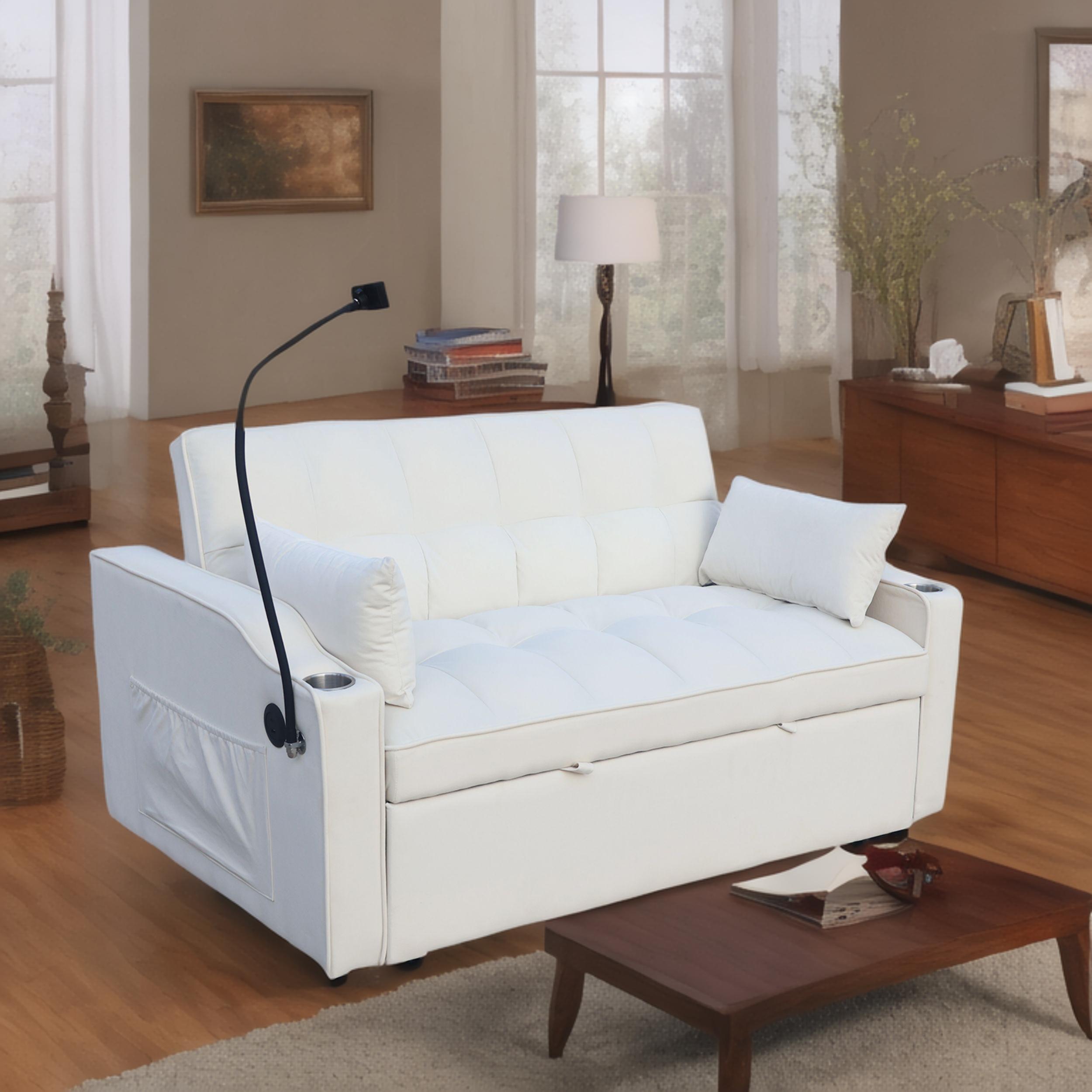 Modern Velvet Loveseat Futon Sofa Couch w/Pullout Bed,Small Love Seat Lounge Sofa with adjustable Reclining Backrest,Toss Pillows, Pockets,Furniture for Living Room,3 in 1 Convertible Sleeper Sofa Bed - Image 3