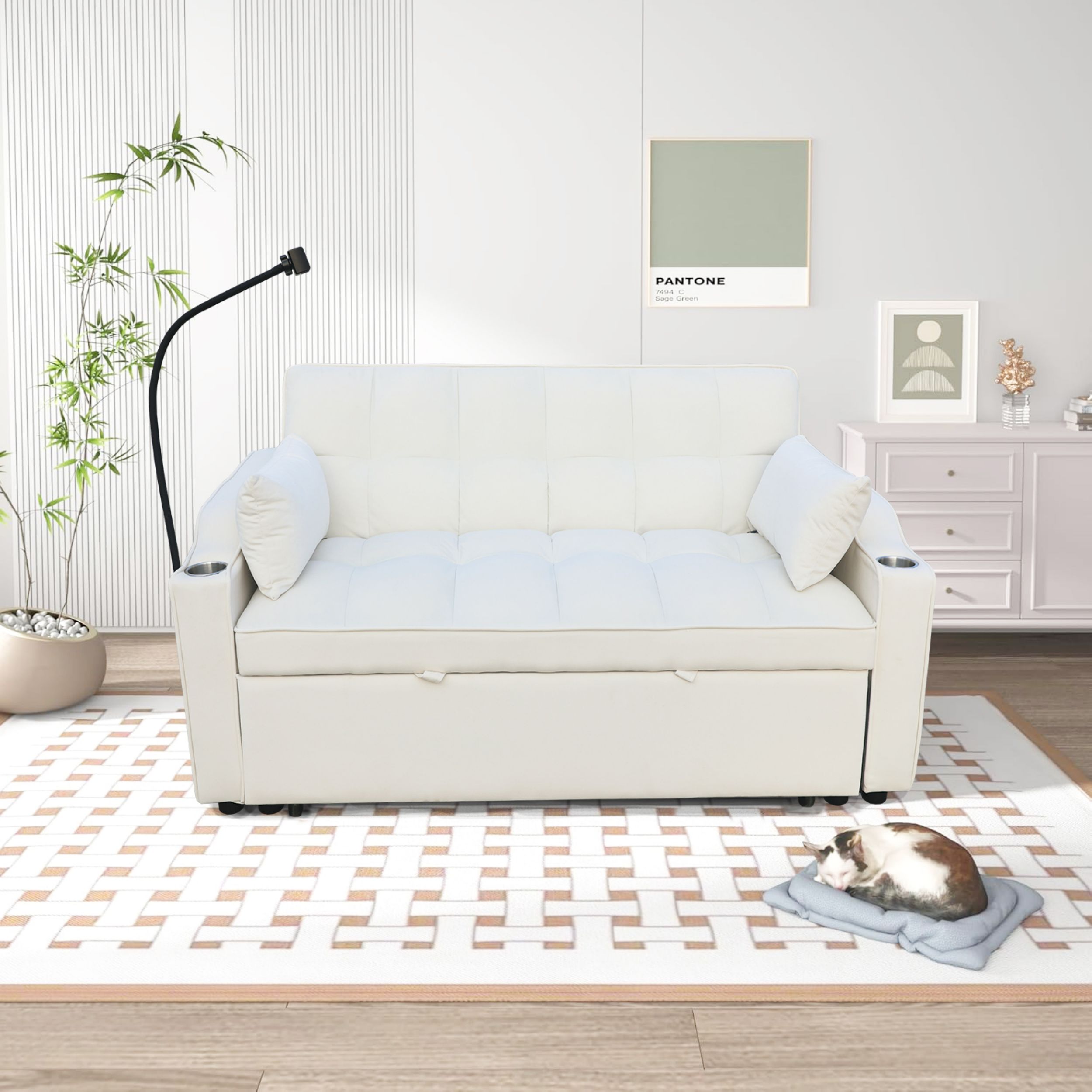 Modern Velvet Loveseat Futon Sofa Couch w/Pullout Bed,Small Love Seat Lounge Sofa with adjustable Reclining Backrest,Toss Pillows, Pockets,Furniture for Living Room,3 in 1 Convertible Sleeper Sofa Bed - Image 6