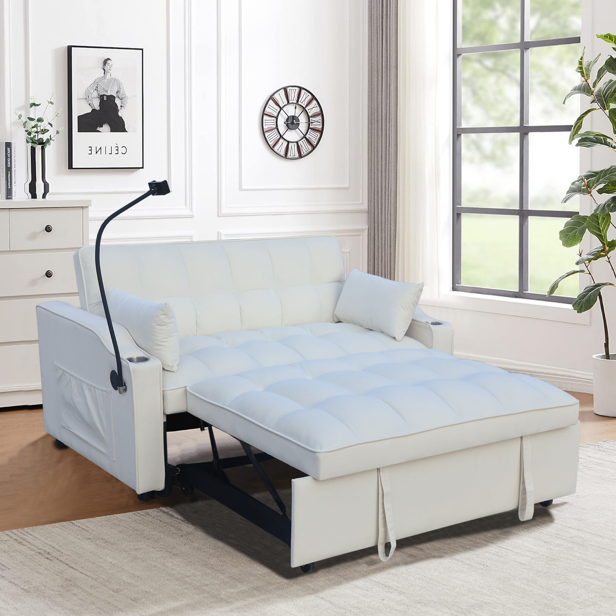 Modern Velvet Loveseat Futon Sofa Couch w/Pullout Bed,Small Love Seat Lounge Sofa with adjustable Reclining Backrest,Toss Pillows, Pockets,Furniture for Living Room,3 in 1 Convertible Sleeper Sofa Bed - Image 5