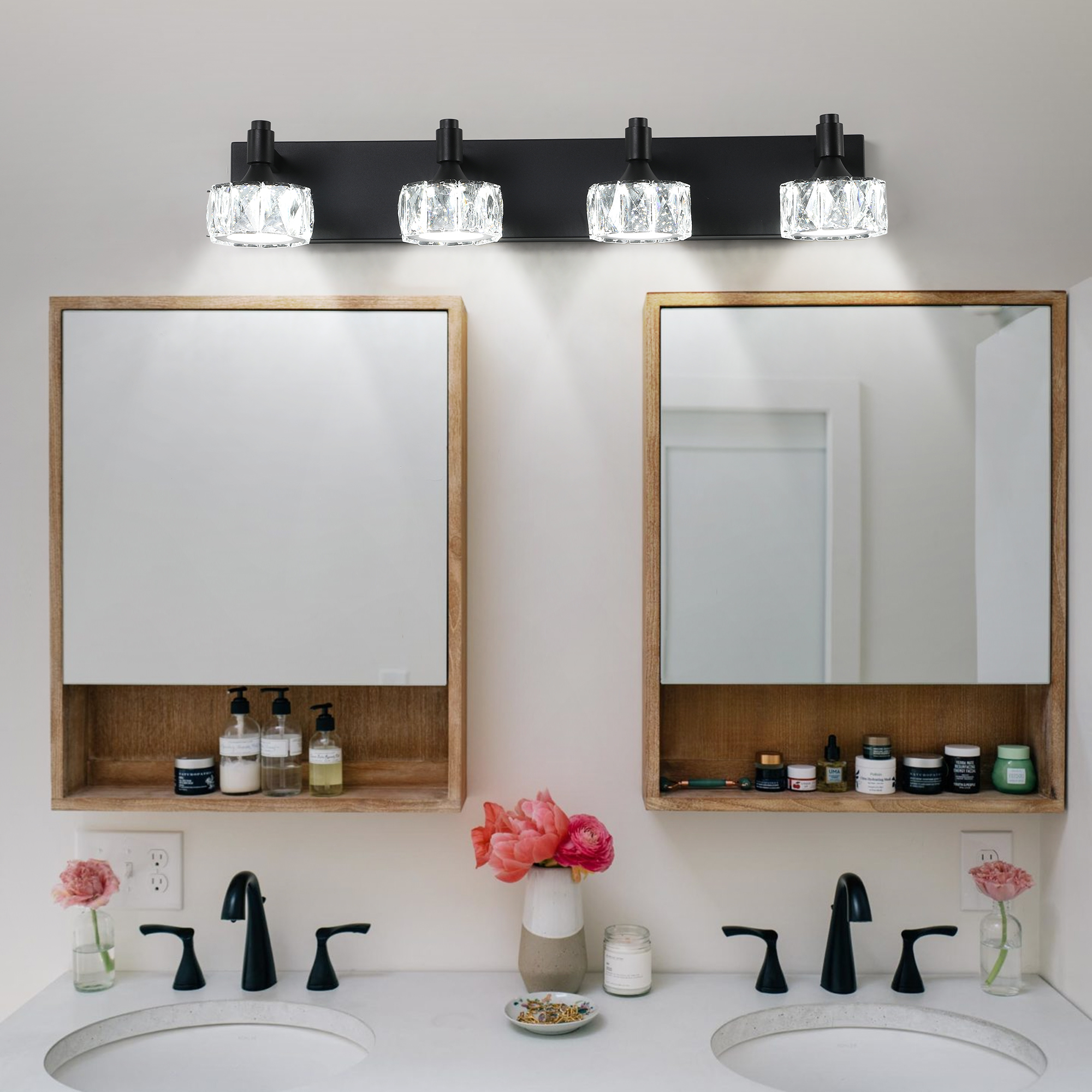 Modern 4-Light Matte Black LED Vanity Light Fixture with Crystal Glass Shades, Bathroom Wall Sconce for Elegant and Contemporary Home Decor - Image 2