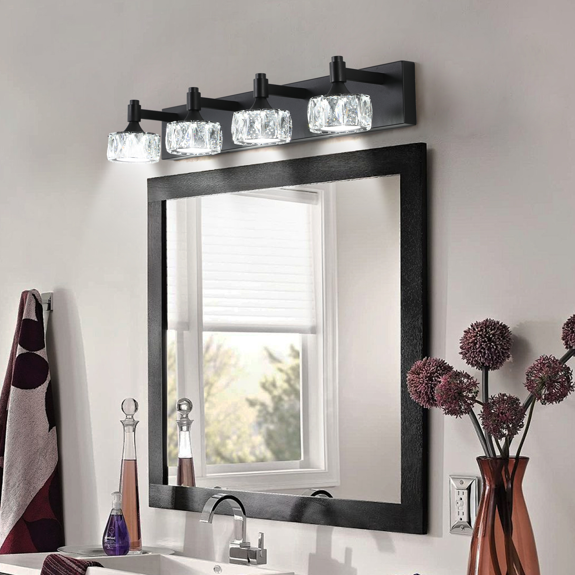 Modern 4-Light Matte Black LED Vanity Light Fixture with Crystal Glass Shades, Bathroom Wall Sconce for Elegant and Contemporary Home Decor - Image 3