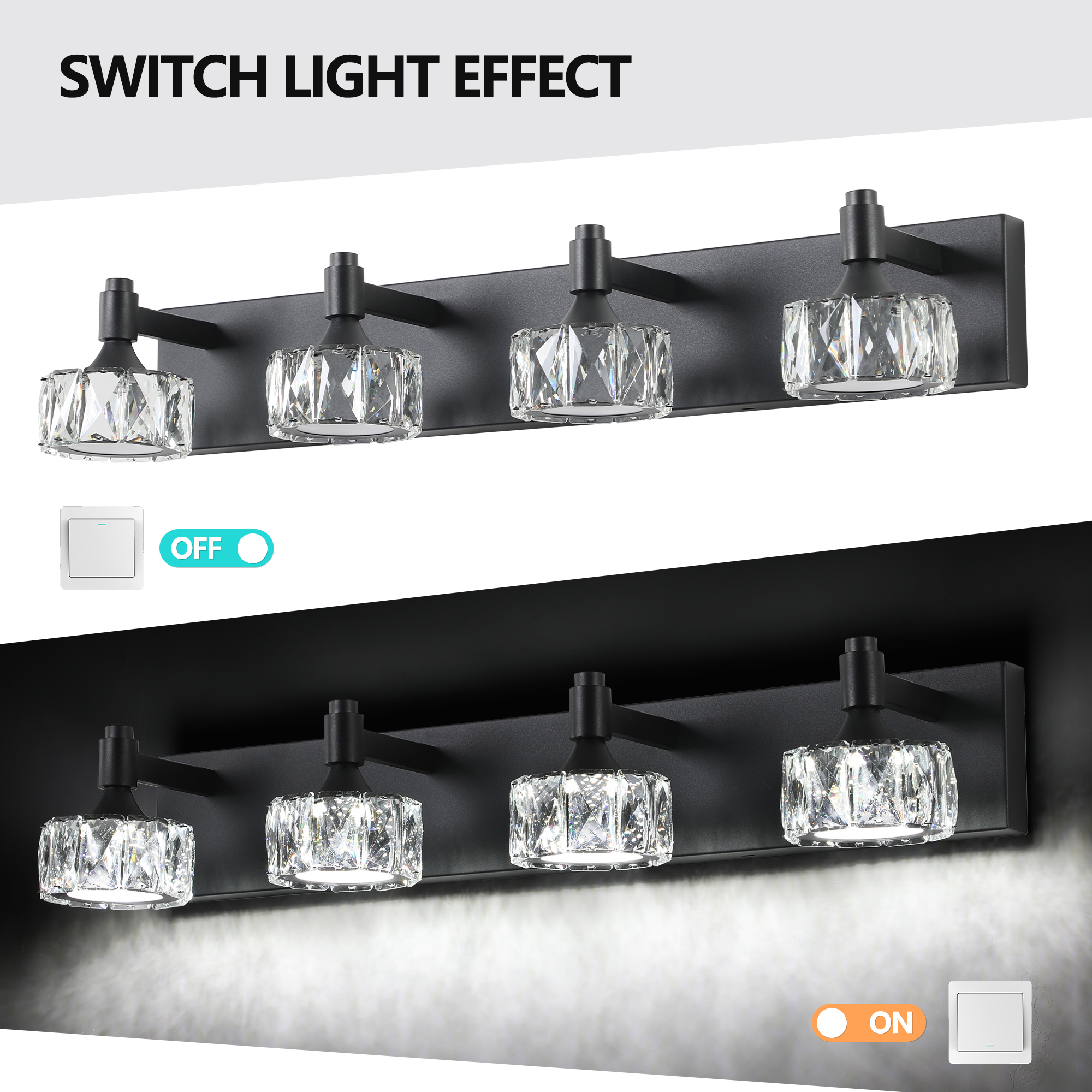 Modern 4-Light Matte Black LED Vanity Light Fixture with Crystal Glass Shades, Bathroom Wall Sconce for Elegant and Contemporary Home Decor - Image 5