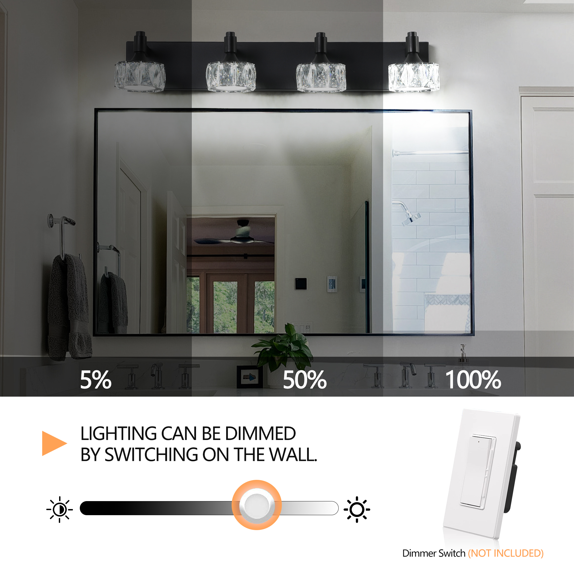Modern 4-Light Matte Black LED Vanity Light Fixture with Crystal Glass Shades, Bathroom Wall Sconce for Elegant and Contemporary Home Decor - Image 6