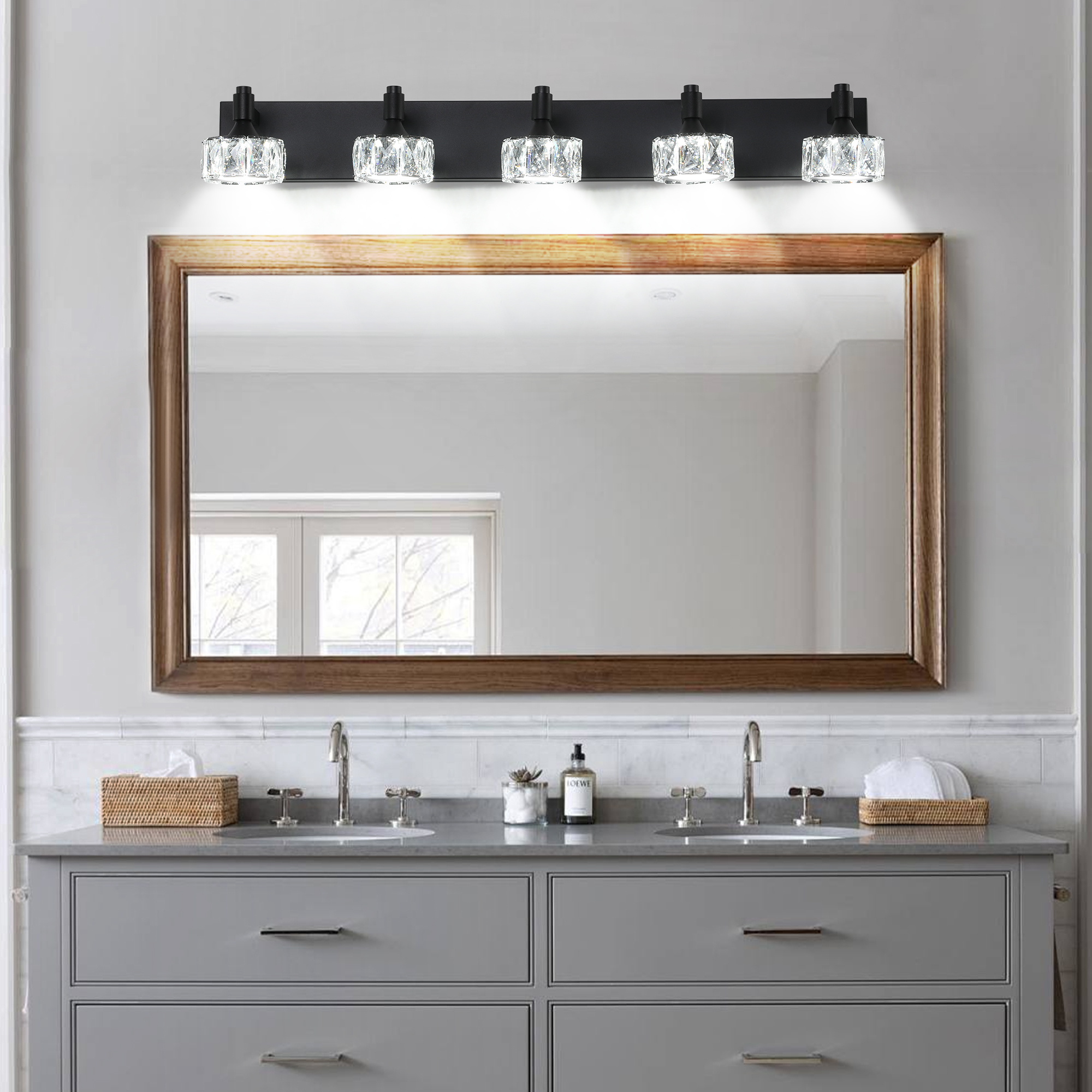 Modern 5-Light Matte Black LED Vanity Light Fixture with Crystal Glass Shades, Bathroom Wall Sconce for Elegant and Contemporary Home Decor - Image 3
