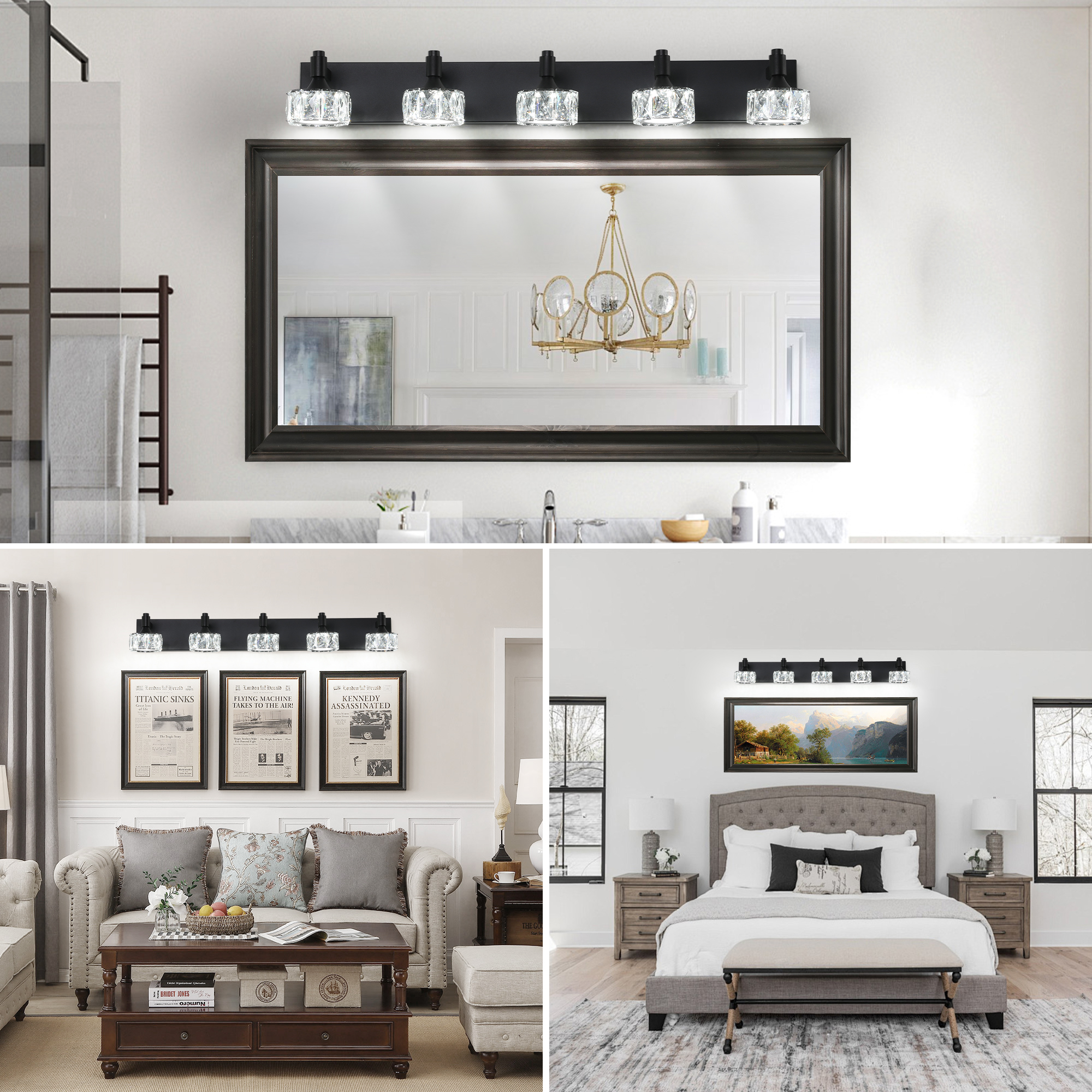 Modern 5-Light Matte Black LED Vanity Light Fixture with Crystal Glass Shades, Bathroom Wall Sconce for Elegant and Contemporary Home Decor - Image 4