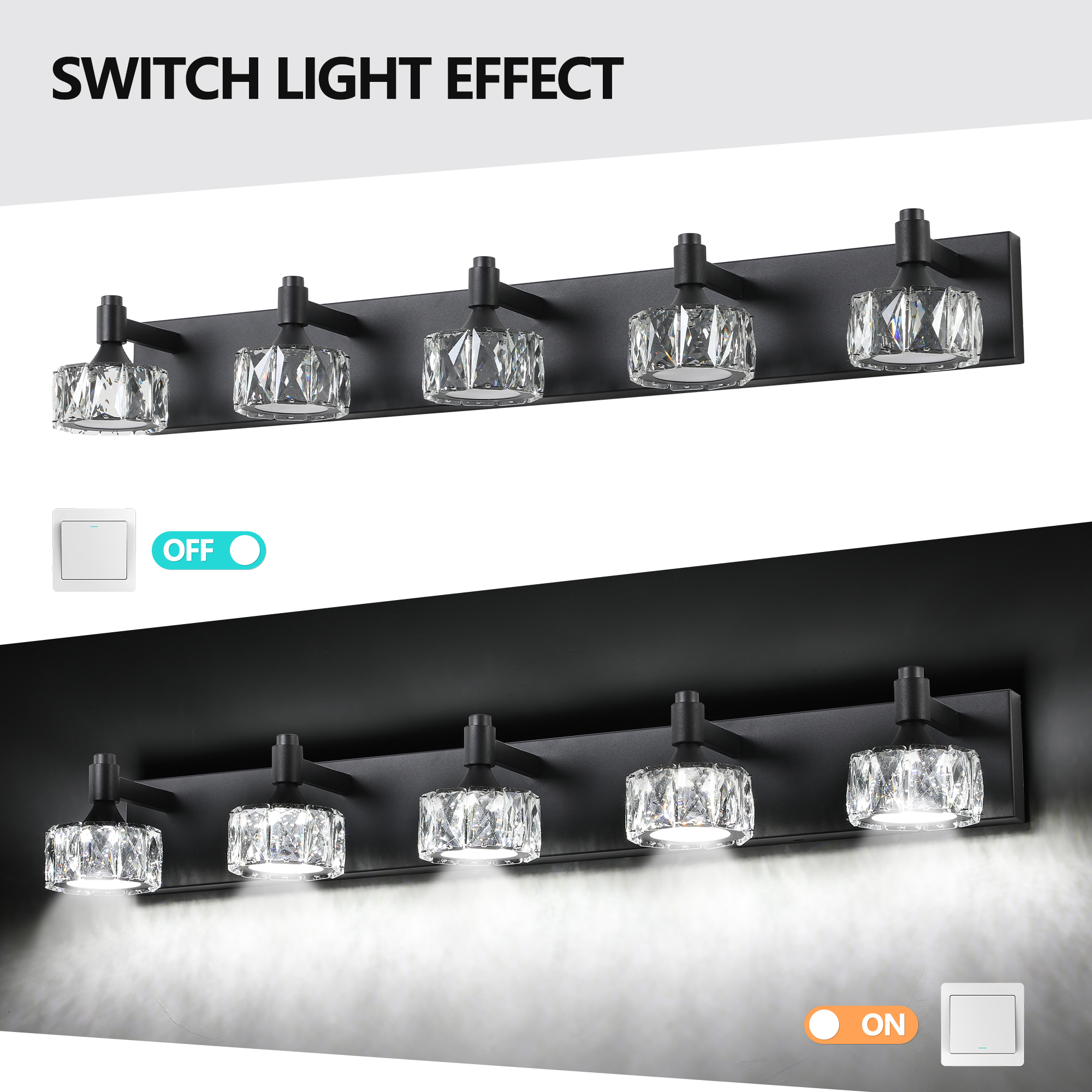 Modern 5-Light Matte Black LED Vanity Light Fixture with Crystal Glass Shades, Bathroom Wall Sconce for Elegant and Contemporary Home Decor - Image 6