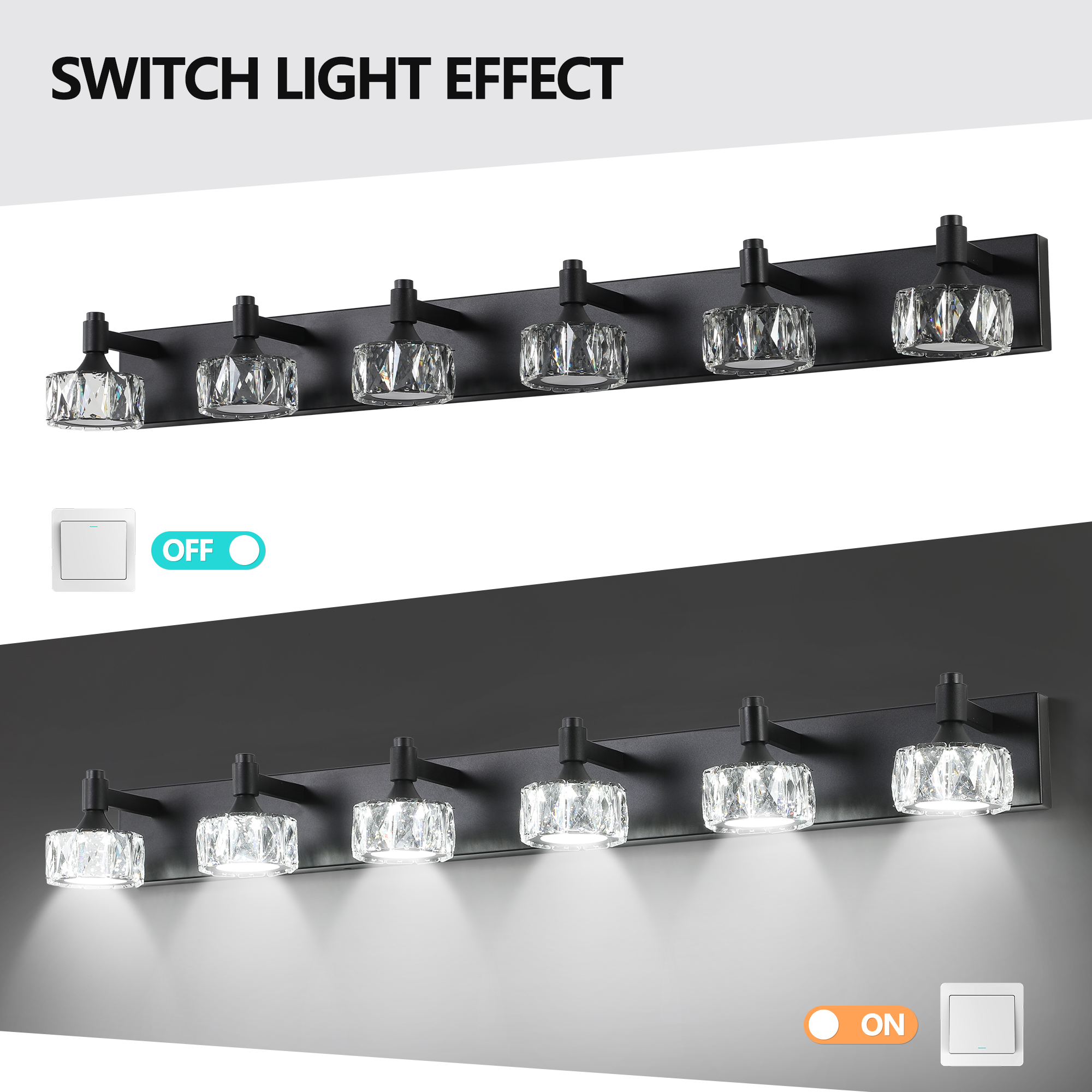 Modern 6-Light Matte Black LED Vanity Light Fixture with Crystal Glass Shades, Bathroom Wall Sconce for Elegant and Contemporary Home Decor - Image 5