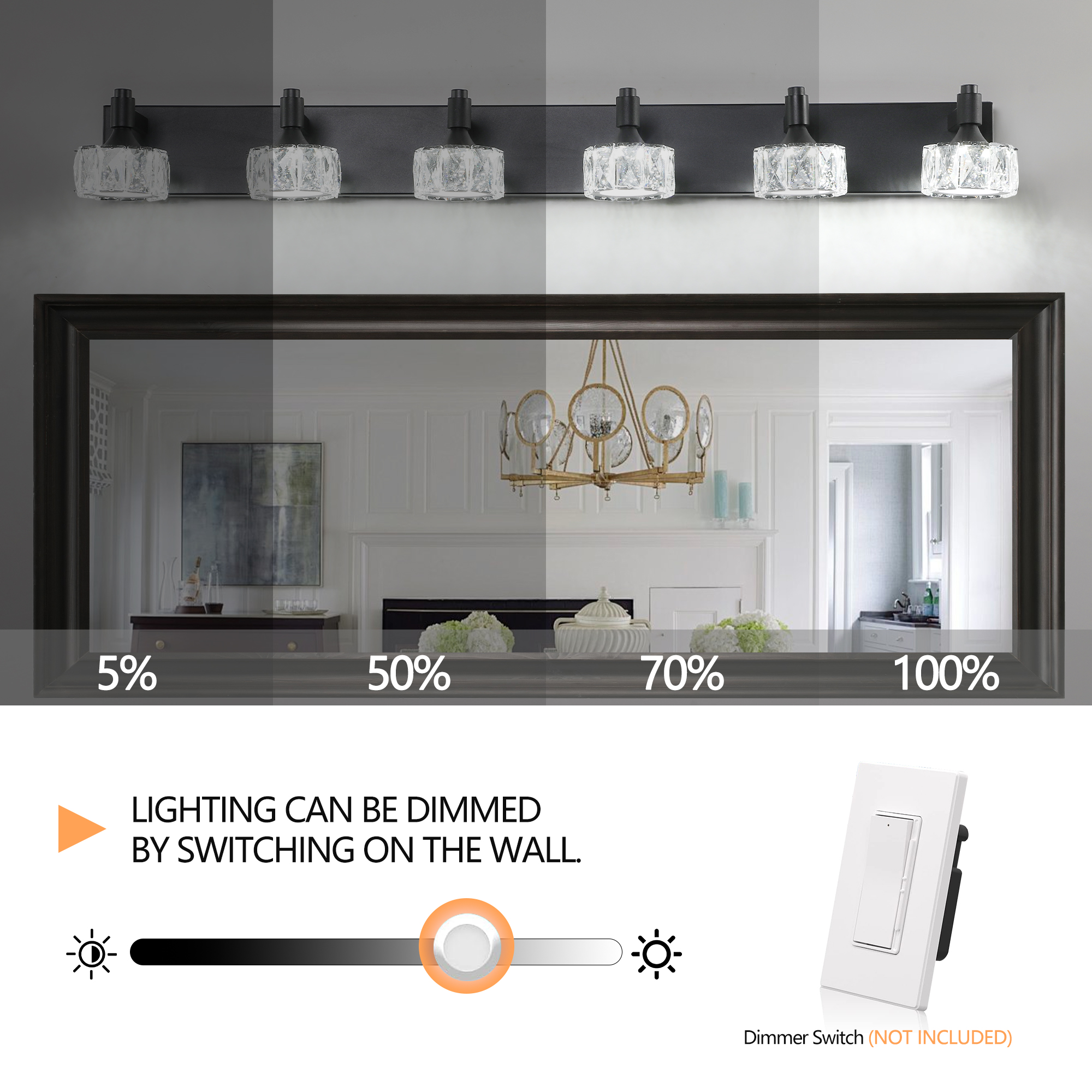 Modern 6-Light Matte Black LED Vanity Light Fixture with Crystal Glass Shades, Bathroom Wall Sconce for Elegant and Contemporary Home Decor - Image 6