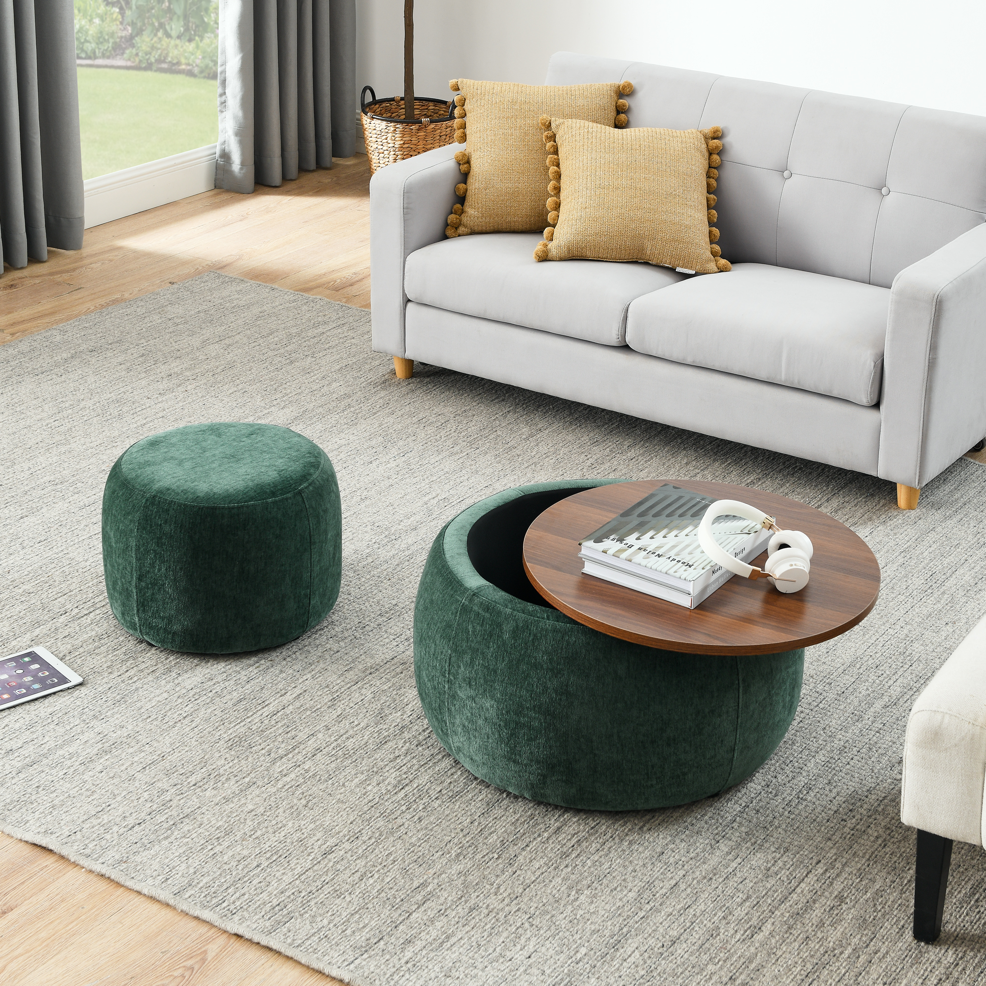 Round Storage Ottoman, 2 in 1 Function, Work as End table and Ottoman,with small seat,Green(25"x25"x14.7") - Image 2
