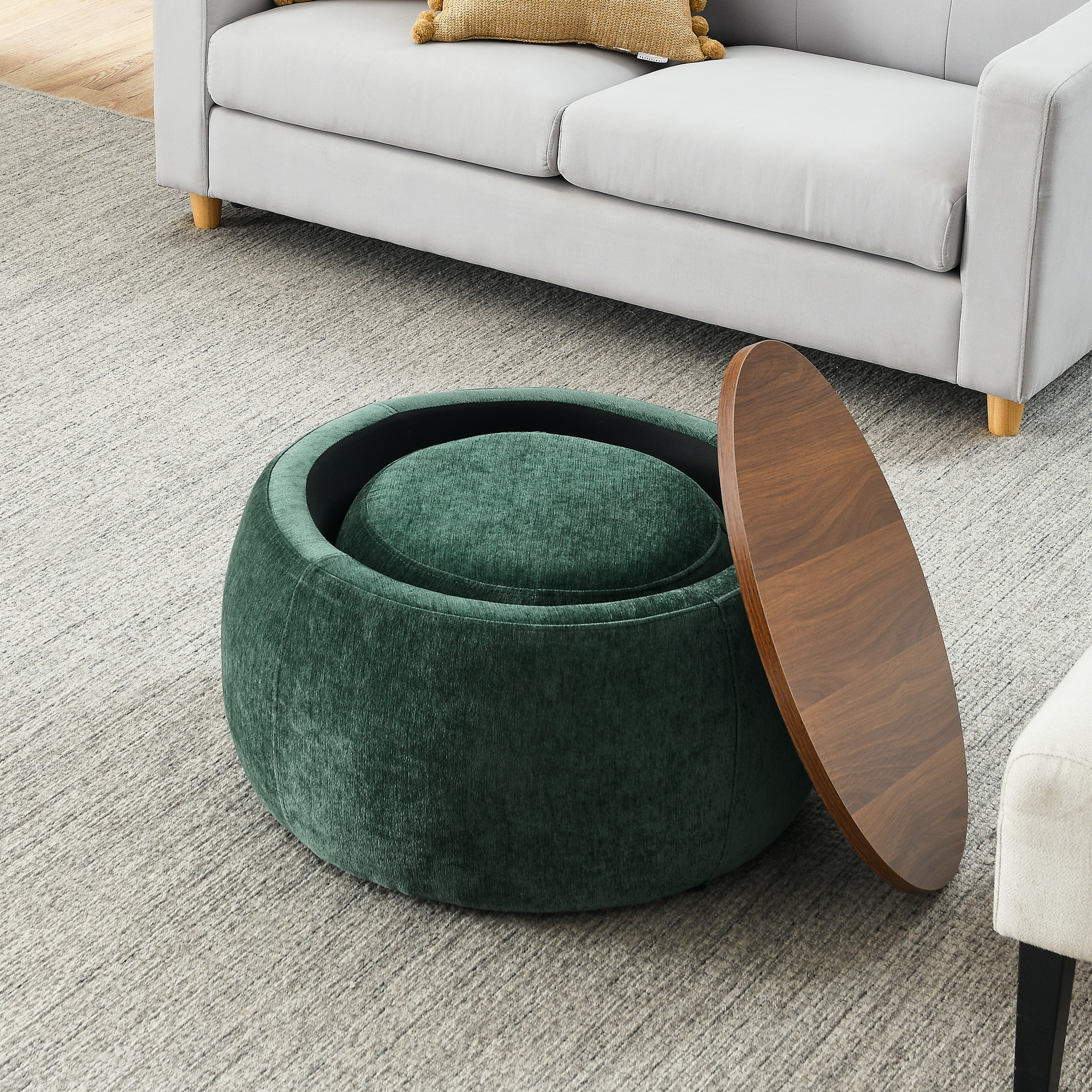 Round Storage Ottoman, 2 in 1 Function, Work as End table and Ottoman,with small seat,Green(25"x25"x14.7") - Image 3