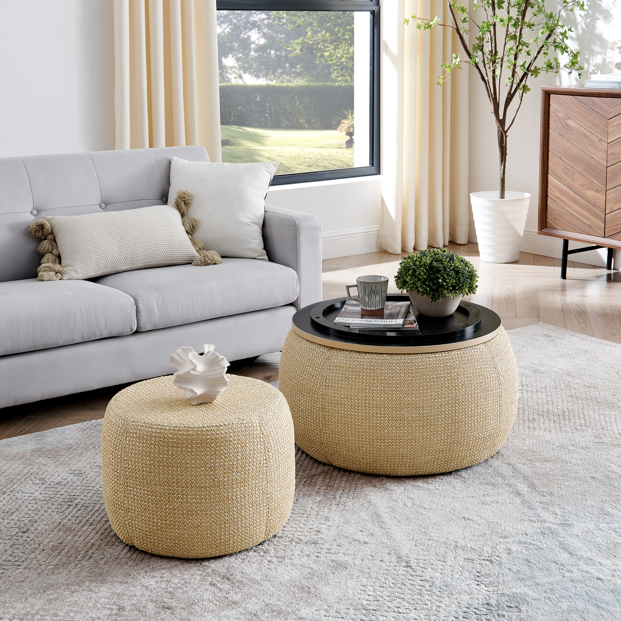 Round Storage Ottoman, Woven rattan fabric Ottoman, 2 in 1 Function, Work as End table and Ottoman,with small seat-nature(25"x25"x14.7") - Image 2