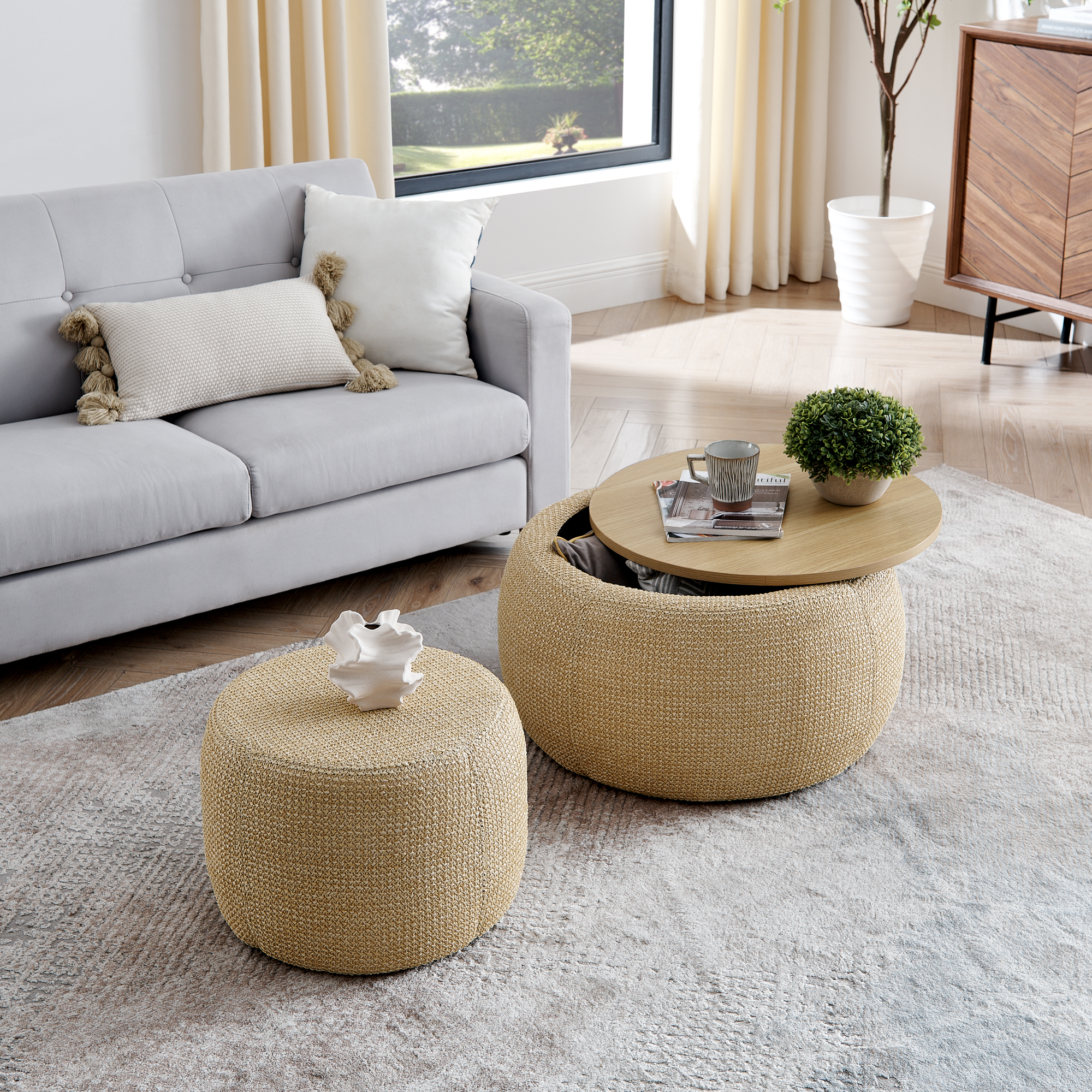 Round Storage Ottoman, Woven rattan fabric Ottoman, 2 in 1 Function, Work as End table and Ottoman,with small seat-nature(25"x25"x14.7") - Image 3