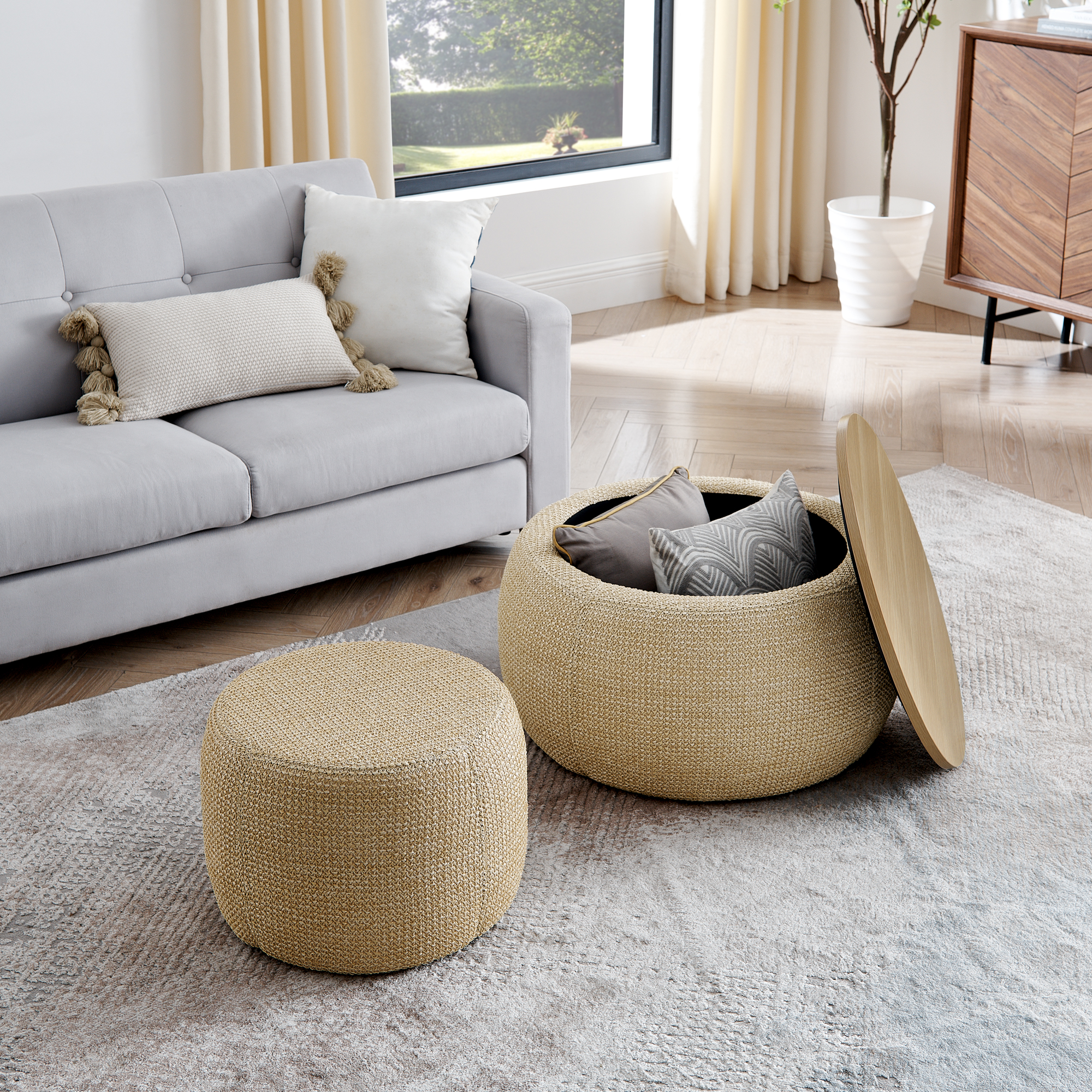 Round Storage Ottoman, Woven rattan fabric Ottoman, 2 in 1 Function, Work as End table and Ottoman,with small seat-nature(25"x25"x14.7") - Image 4