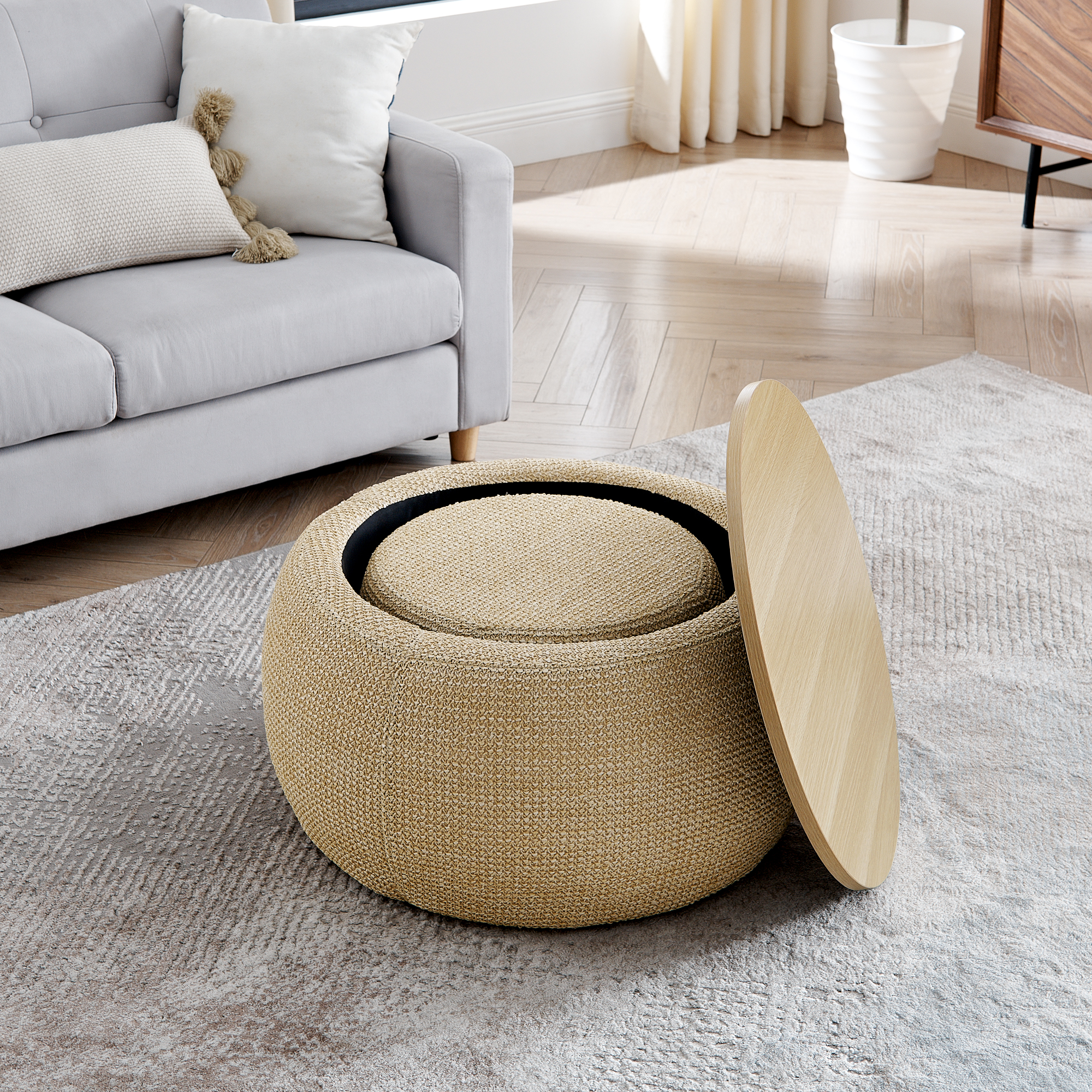 Round Storage Ottoman, Woven rattan fabric Ottoman, 2 in 1 Function, Work as End table and Ottoman,with small seat-nature(25"x25"x14.7") - Image 5