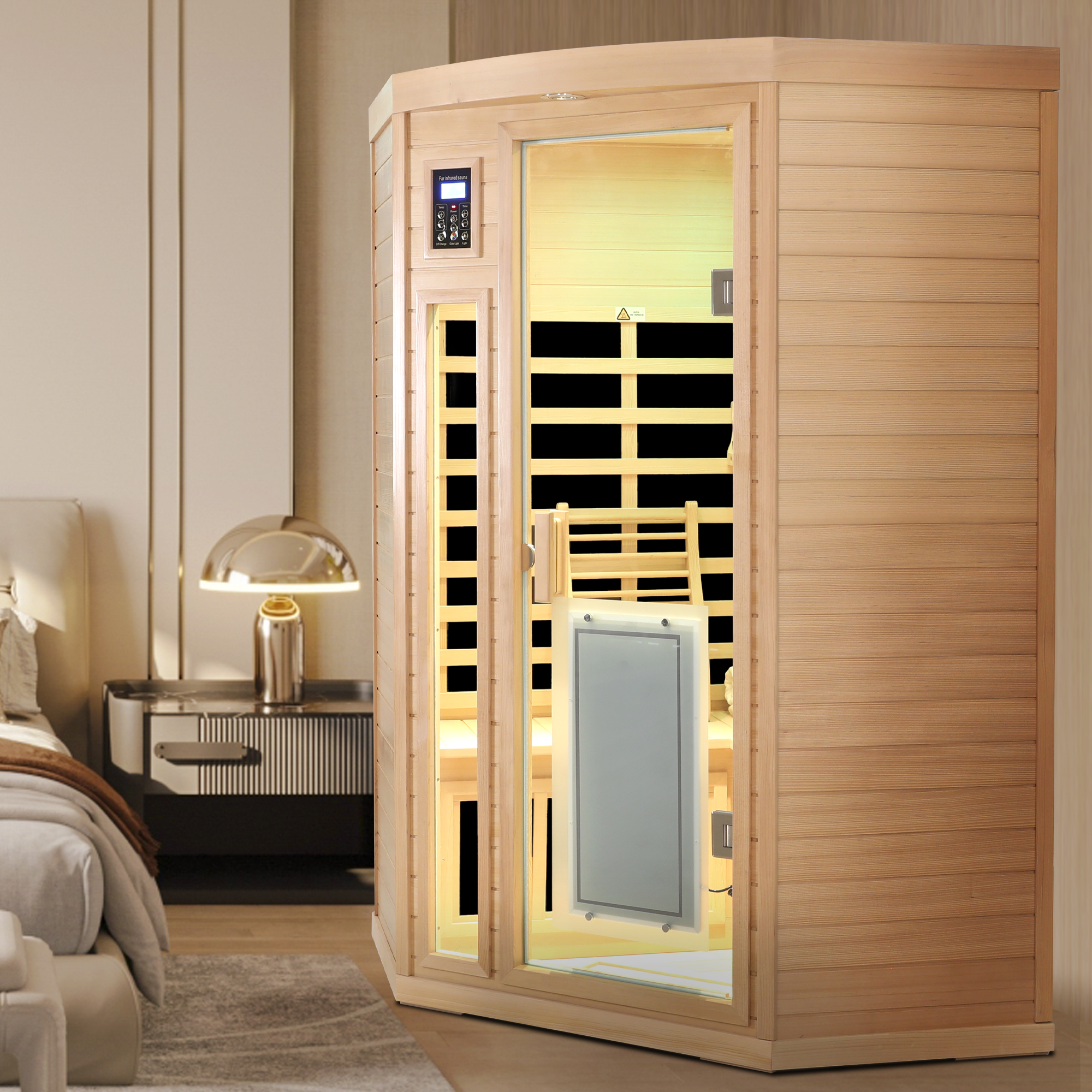 Low EMF Front door with heating panel Two persons Hemlock Far infrared corner Indoor sauna room - Image 4