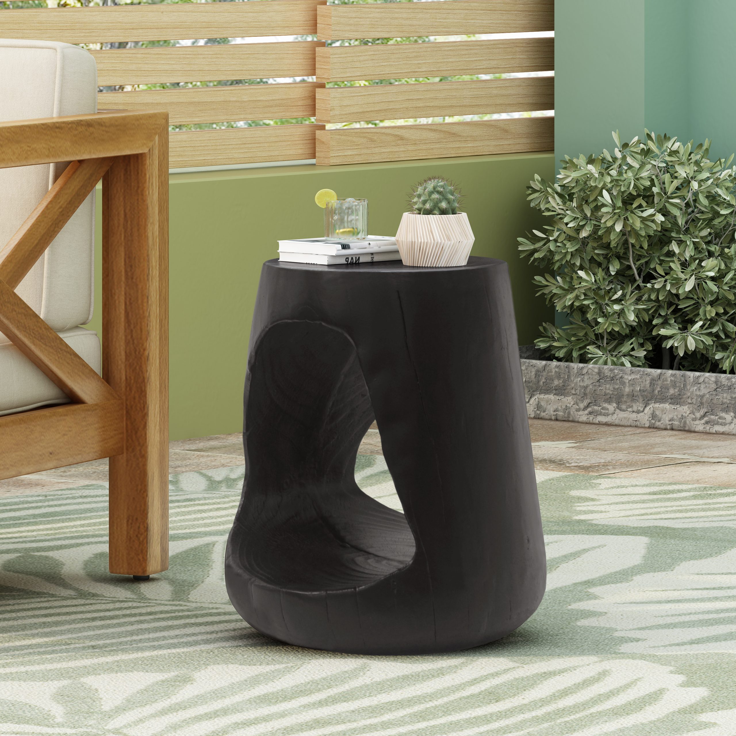 MGO Hollow Side Table, Wood-like texture, Black Color - Image 2