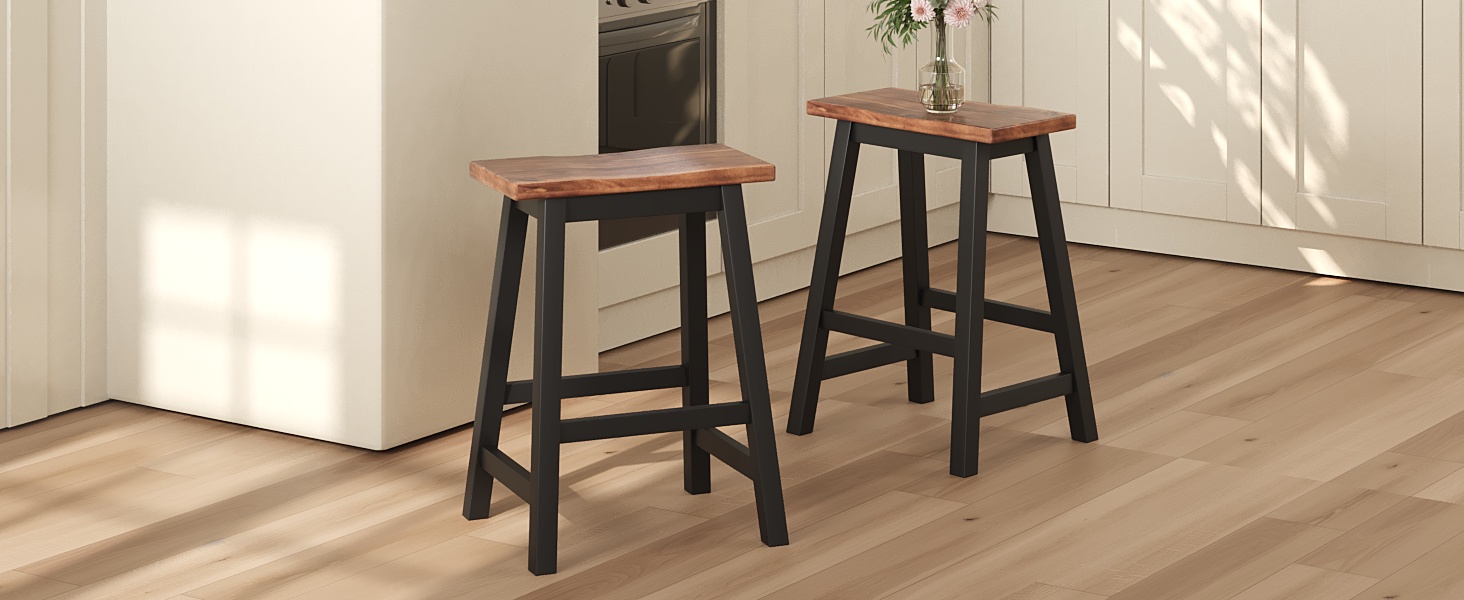 TOPMAX Farmhouse Rustic 2-piece Counter Height Wood Kitchen Dining Stools for Small Places, Walnut+Black - Image 2