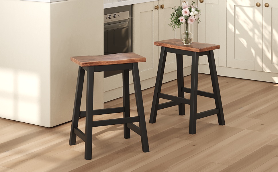TOPMAX Farmhouse Rustic 2-piece Counter Height Wood Kitchen Dining Stools for Small Places, Walnut+Black - Image 3