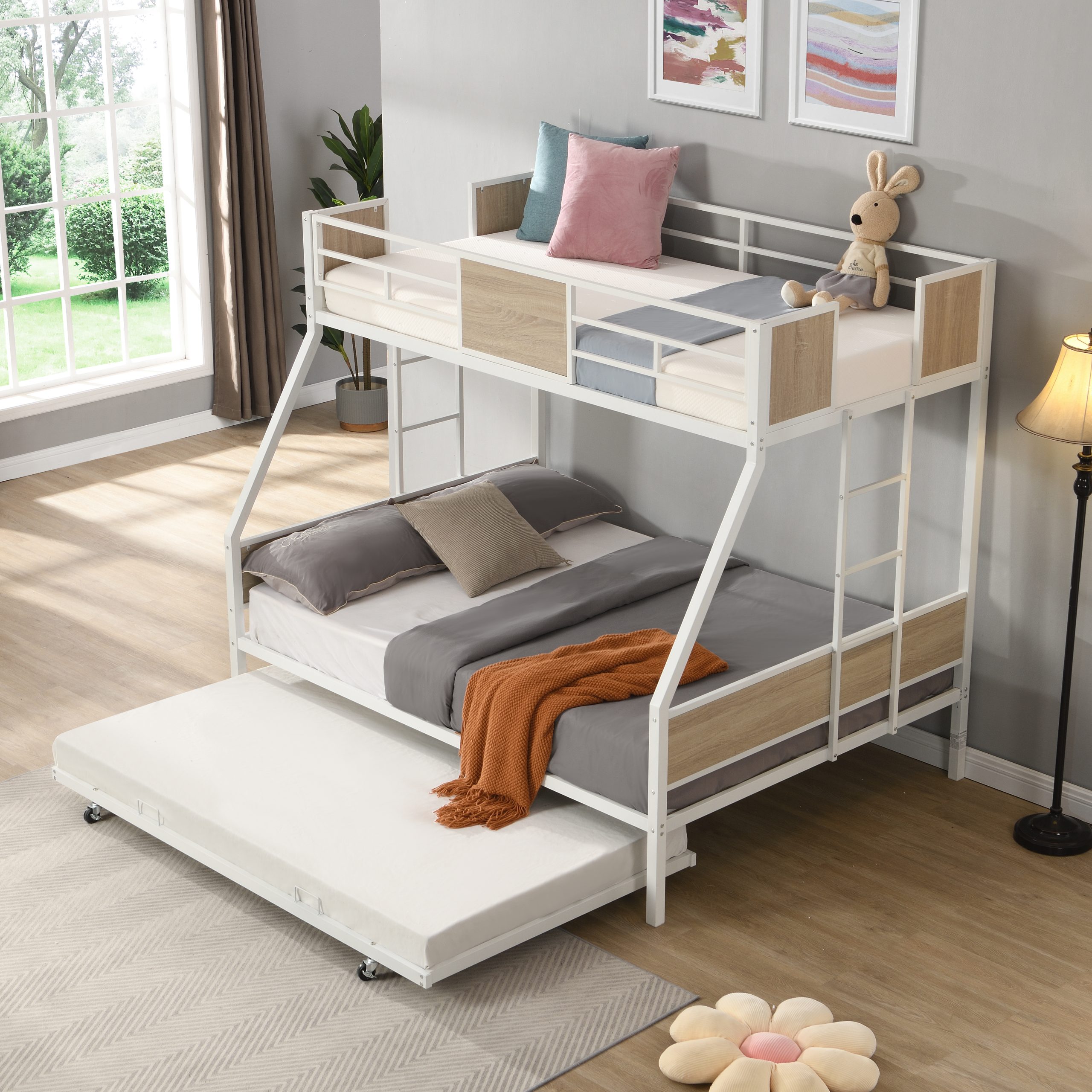 Twin Over FULL Metal Bunk Bed with Trundle 2 – Side Ladder and Full-Length Guardrail, No Box Spring Needed, Large Under Bed Storage, Easy Assemble