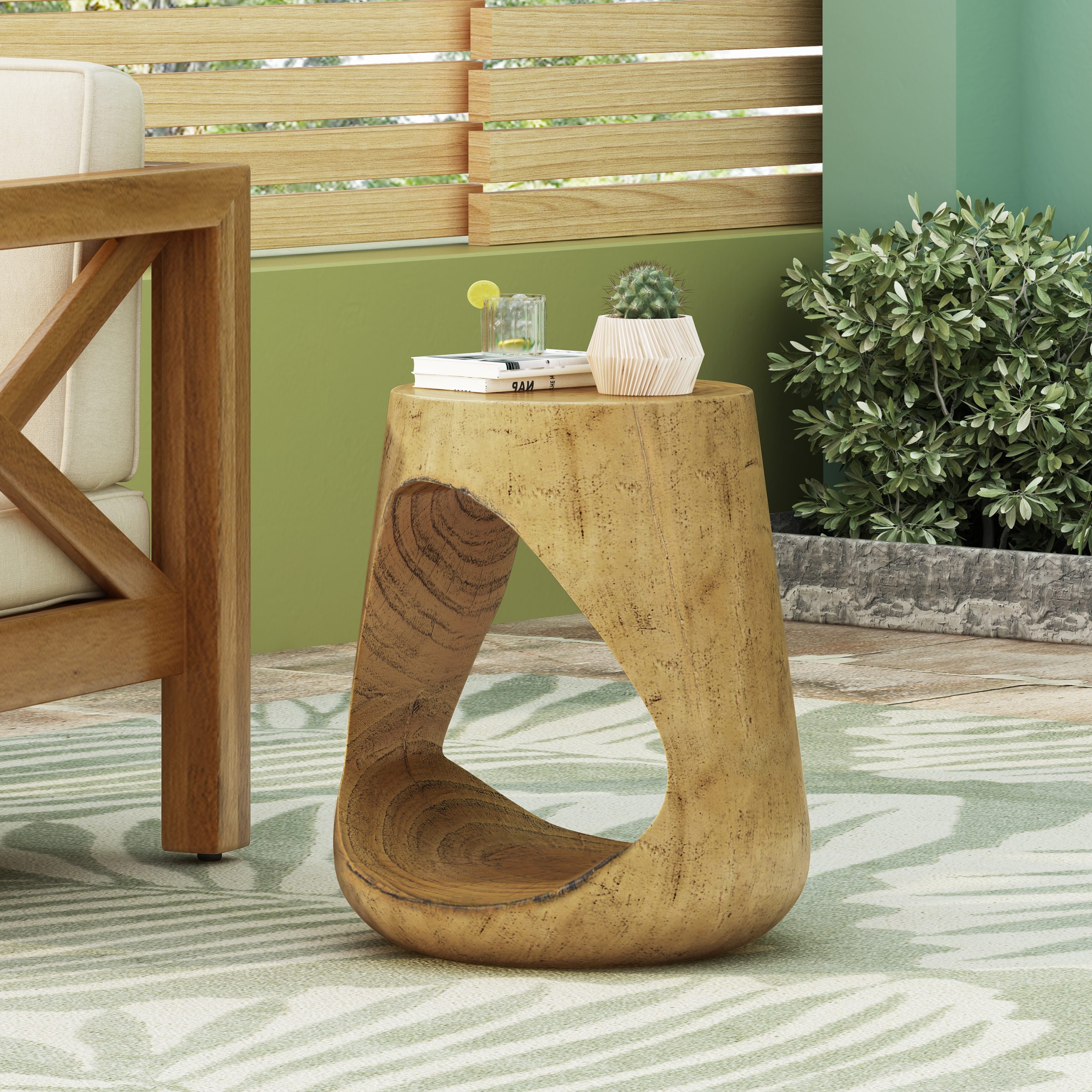 MGO Hollow Side Table, Wood-like texture, Natural Color - Image 2