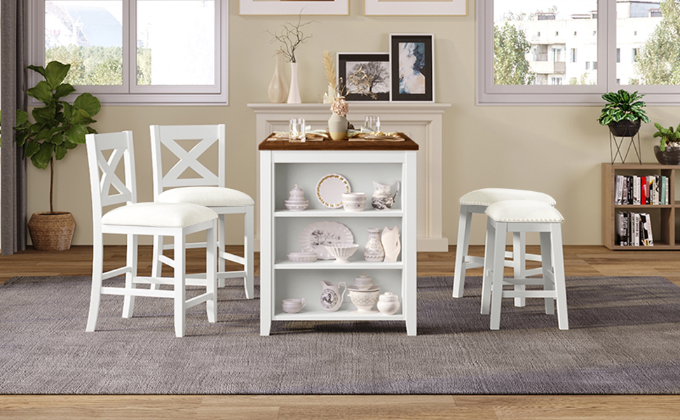 TOPMAX 5 Pieces Counter Height Rustic Farmhouse Dining Room Wooden Bar Table Set with 2 stools and 2 Chairs, White - Image 2