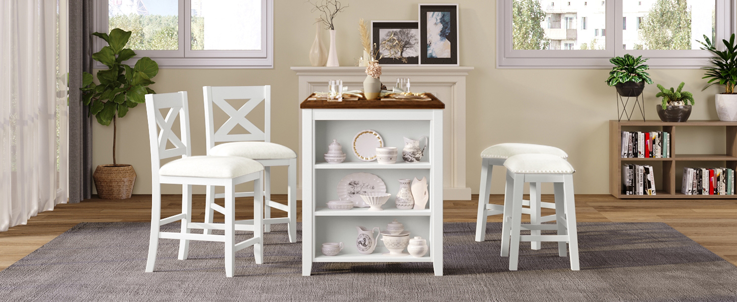 TOPMAX 5 Pieces Counter Height Rustic Farmhouse Dining Room Wooden Bar Table Set with 2 stools and 2 Chairs, White - Image 3
