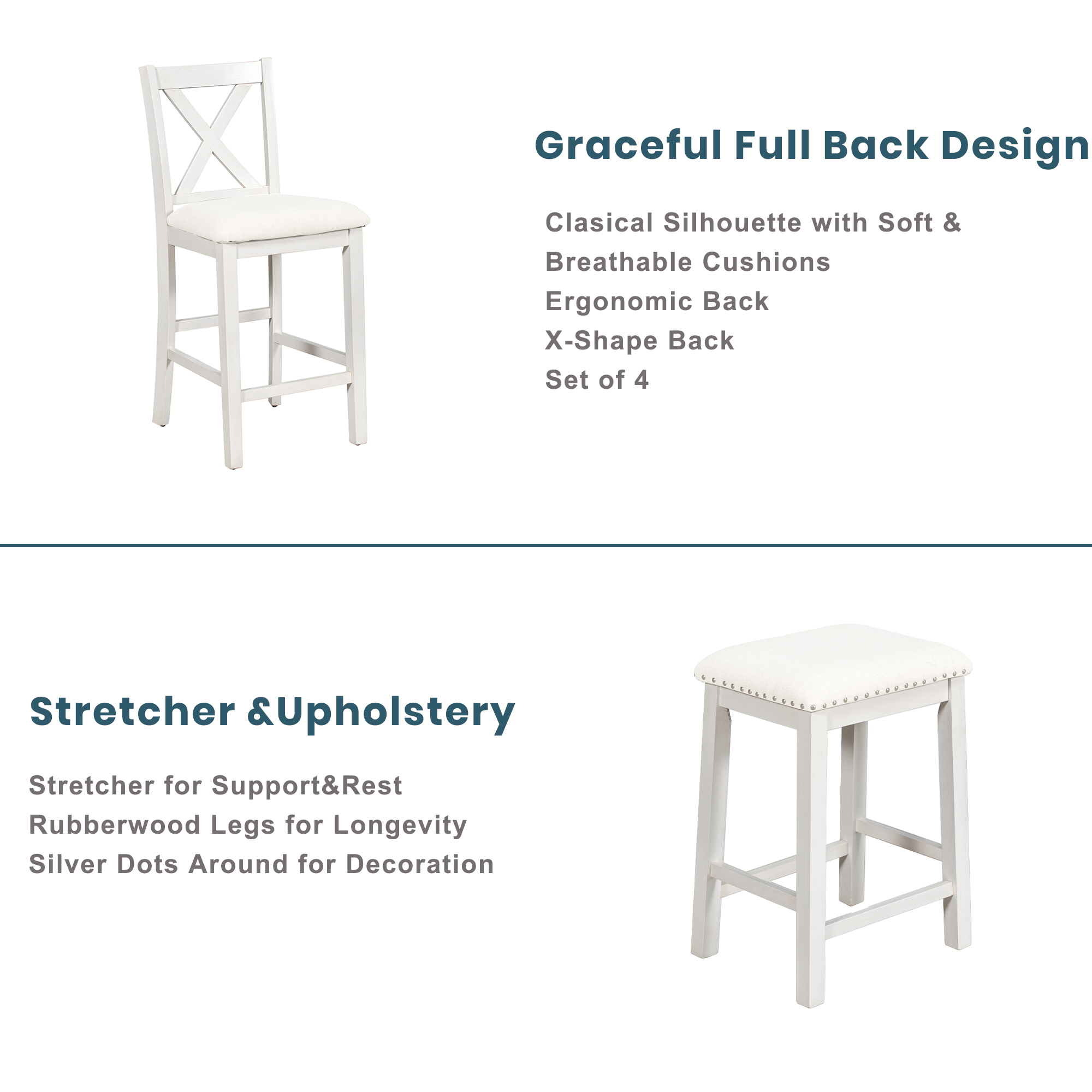 TOPMAX 5 Pieces Counter Height Rustic Farmhouse Dining Room Wooden Bar Table Set with 2 stools and 2 Chairs, White - Image 4