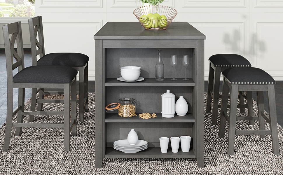 TOPMAX 5 Pieces Counter Height Rustic Farmhouse Dining Room Wooden Bar Table Set with 2 stools and 2 Chairs, Gray - Image 2